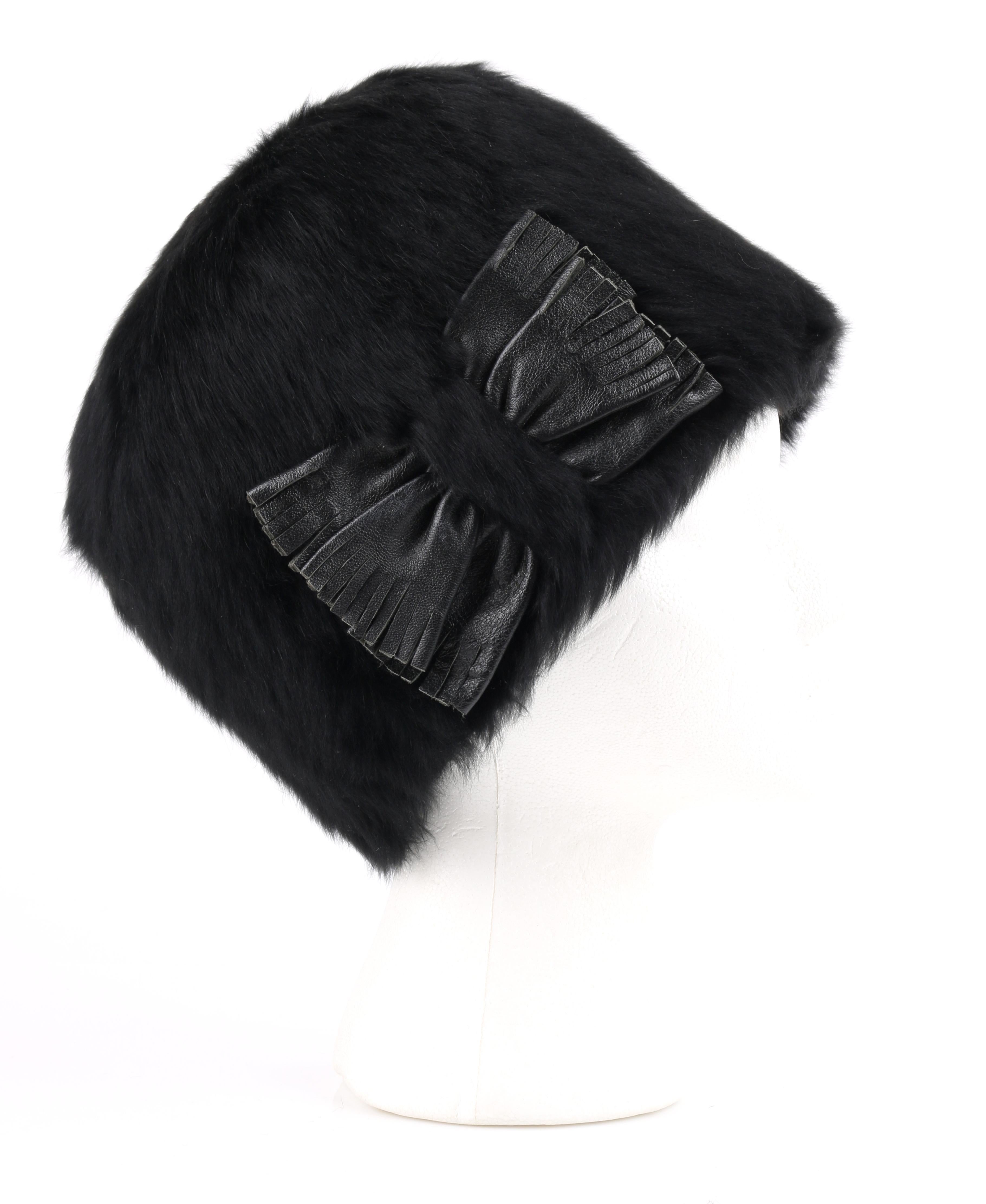 YVES SAINT LAURENT c.1960's YSL Black Angora Fur Leather Bow Cossack Hat In Excellent Condition In Thiensville, WI