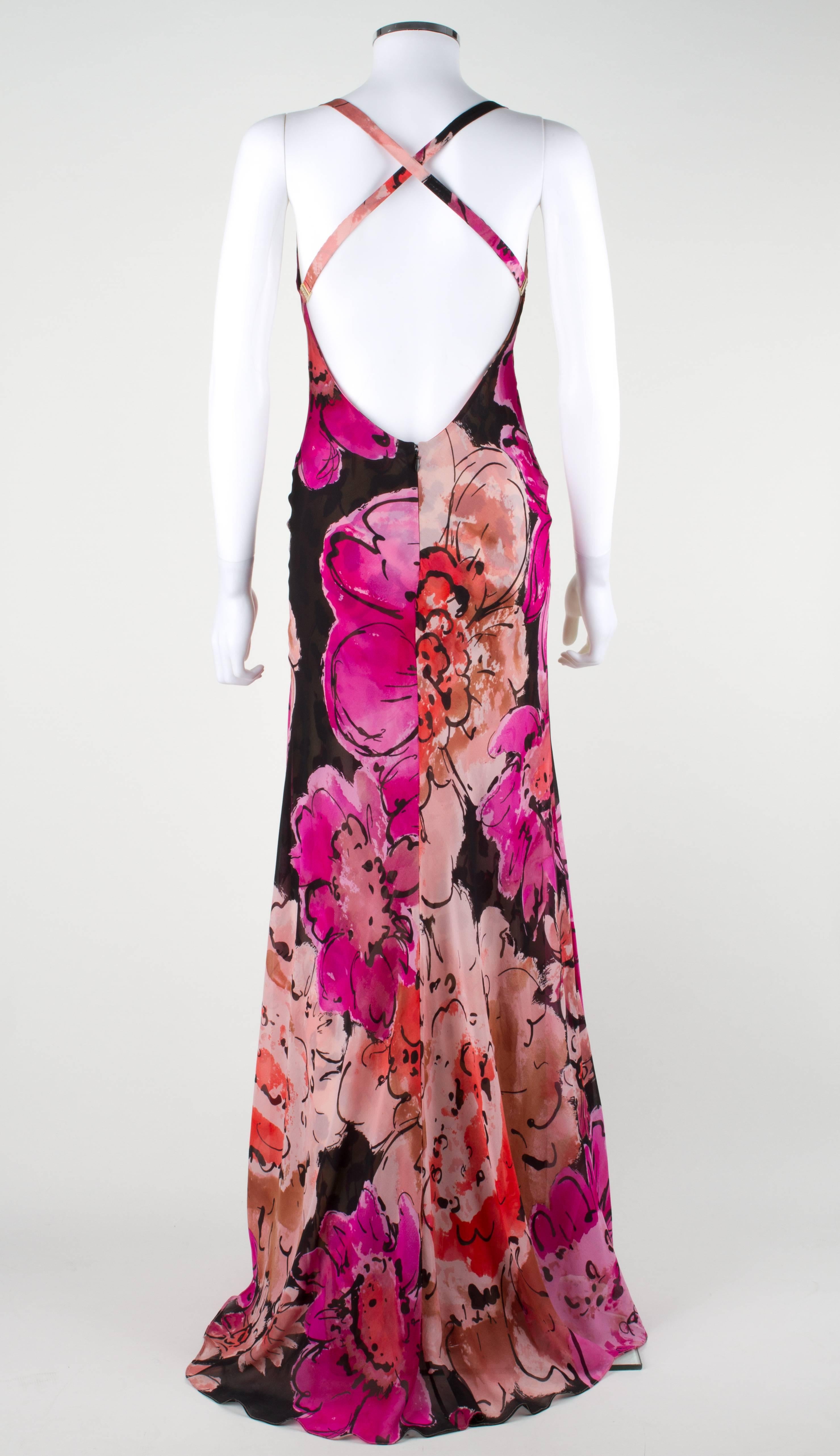 Pink Gianni VERSACE Couture Floral Leopard Print Silk Evening Gown Dress