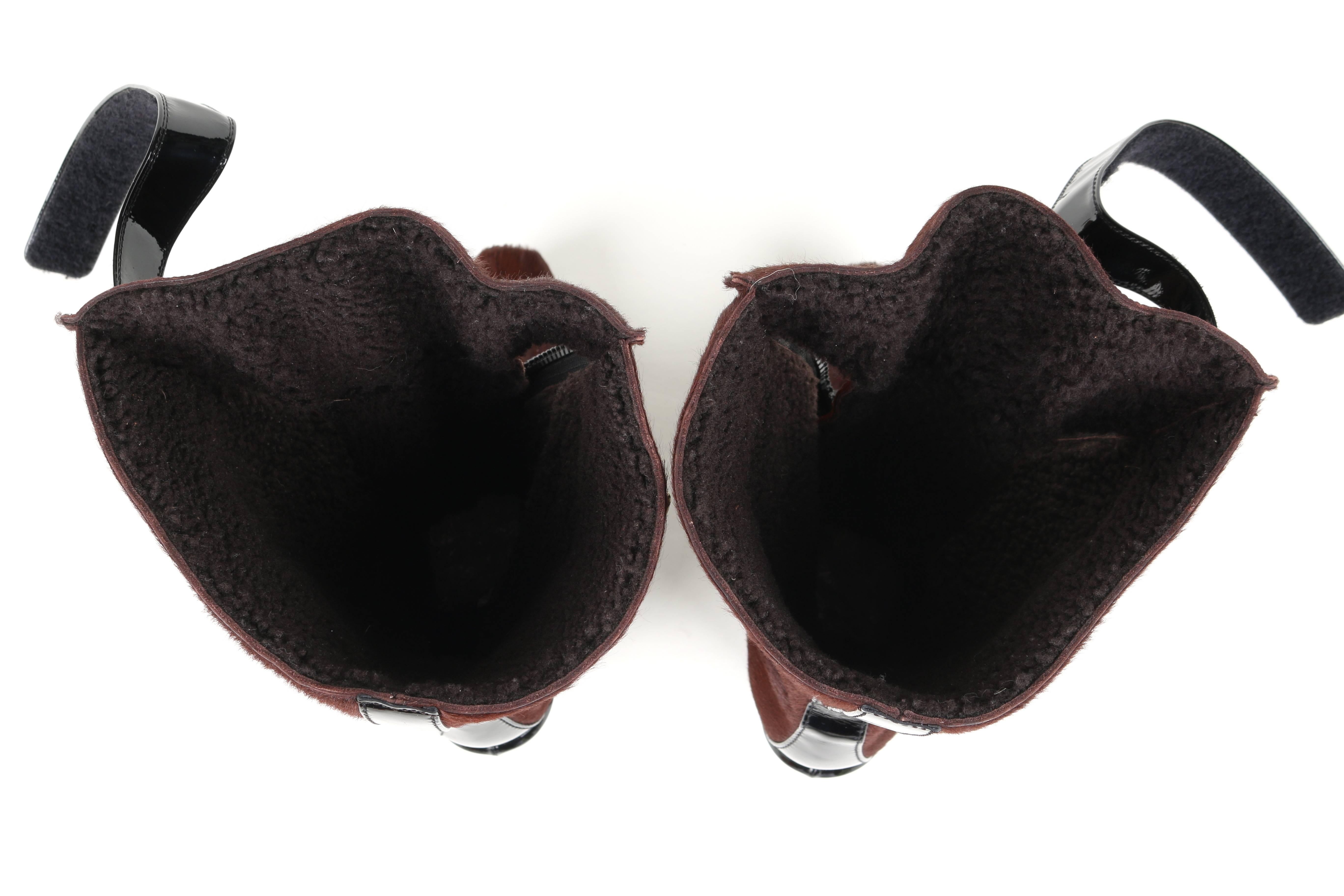 Women's LOUIS VUITTON Brown Calf Hair Patent Wedge Platform Runway Boots F/W 06 Rare