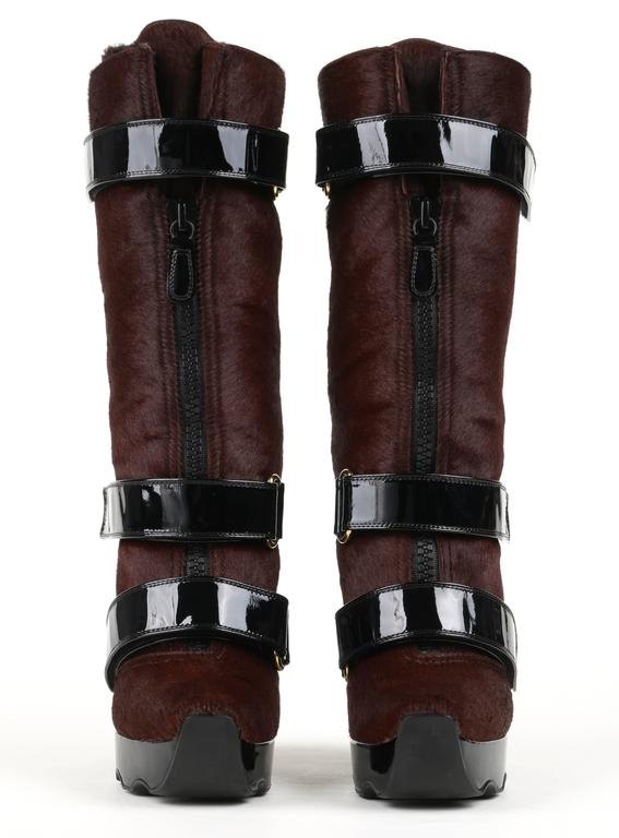 LOUIS VUITTON Brown Calf Hair Patent Wedge Platform Runway Boots F/W 06 Rare For Sale at 1stdibs