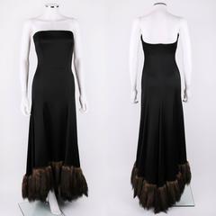 J MENDEL Paris Black Satin Ball Gown Sable Fur Tail Trim Evening Dress XS = 0/2