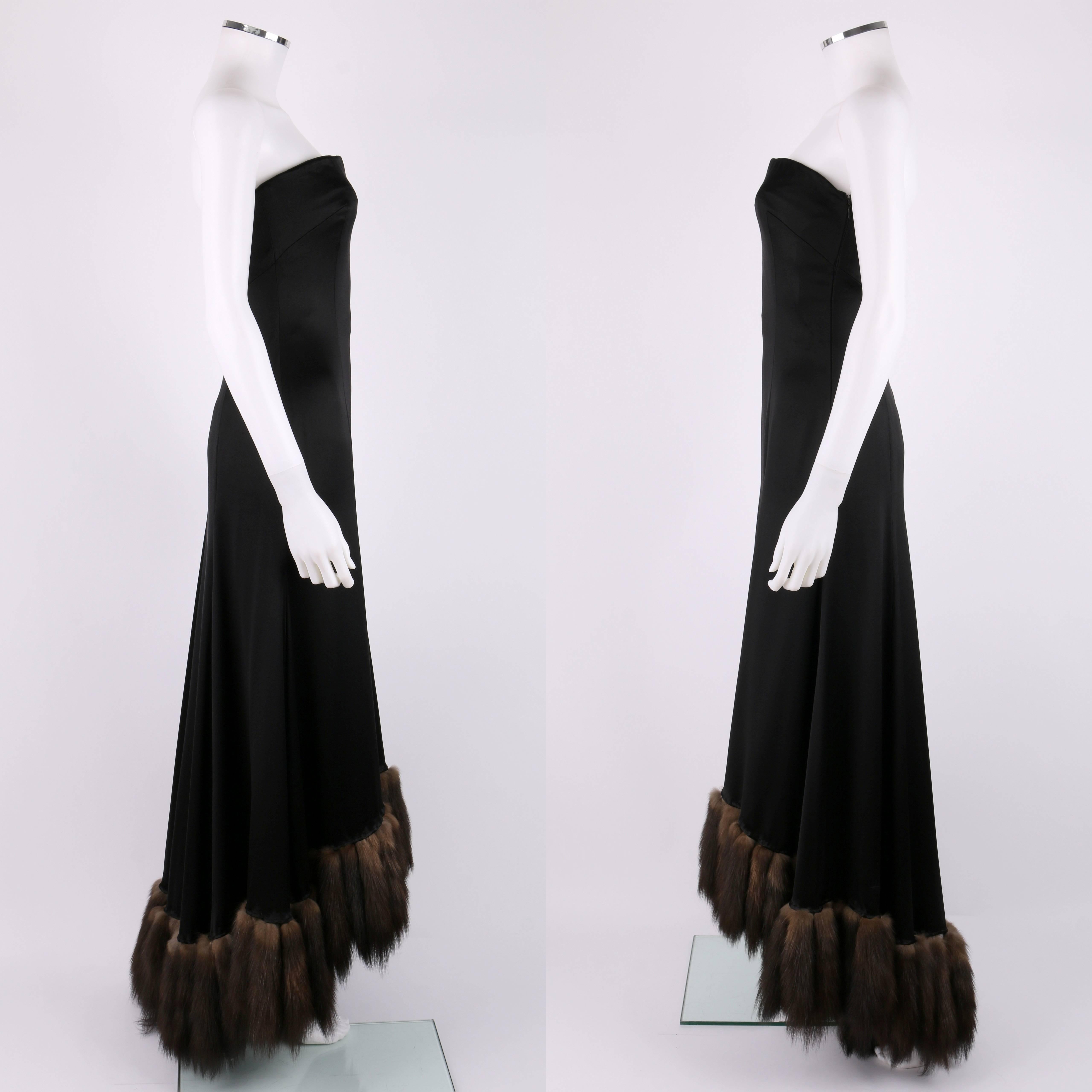 Women's J MENDEL Paris Black Satin Ball Gown Sable Fur Tail Trim Evening Dress XS = 0/2