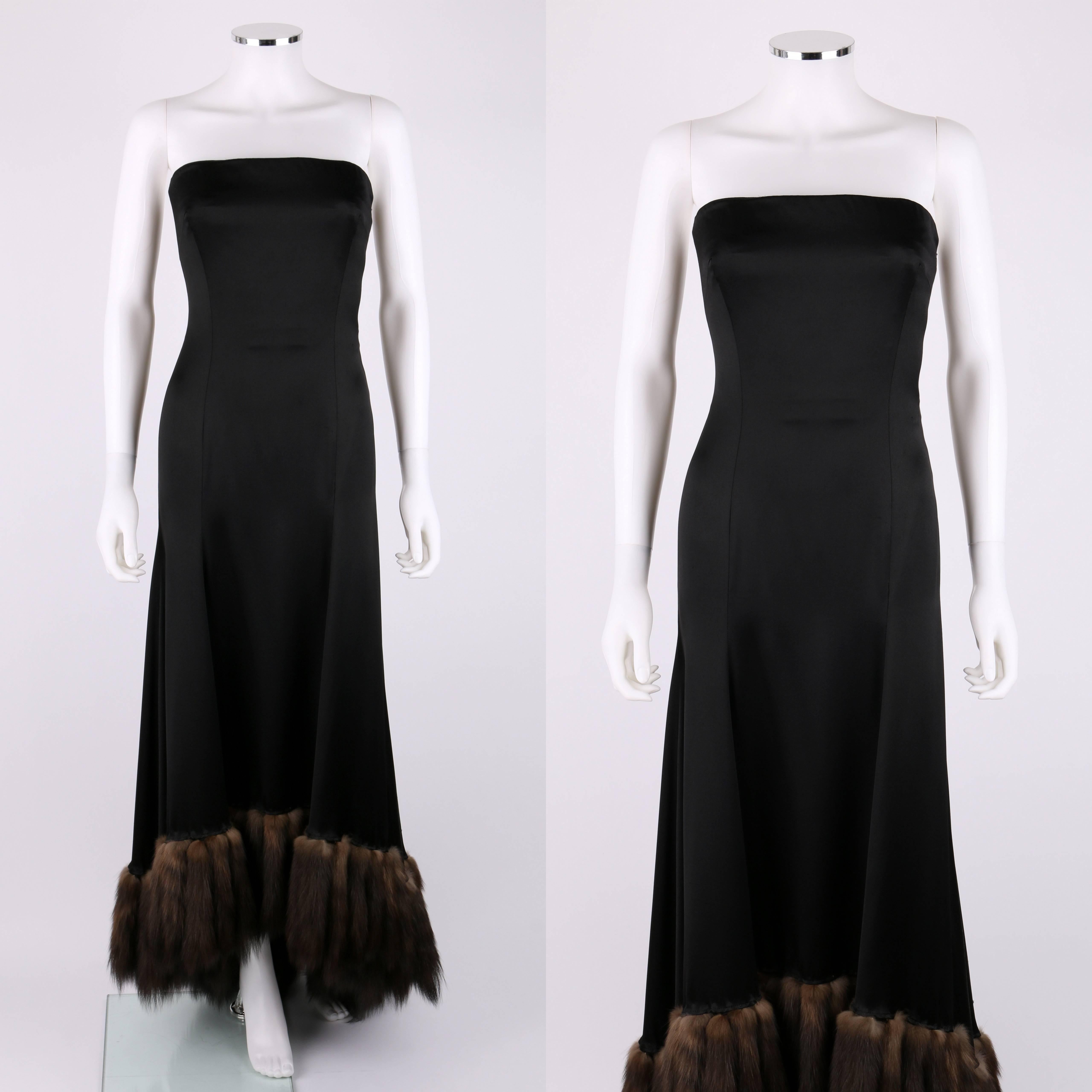 J MENDEL Paris Black Satin Ball Gown Sable Fur Tail Trim Evening Dress XS = 0/2 In Excellent Condition In Thiensville, WI