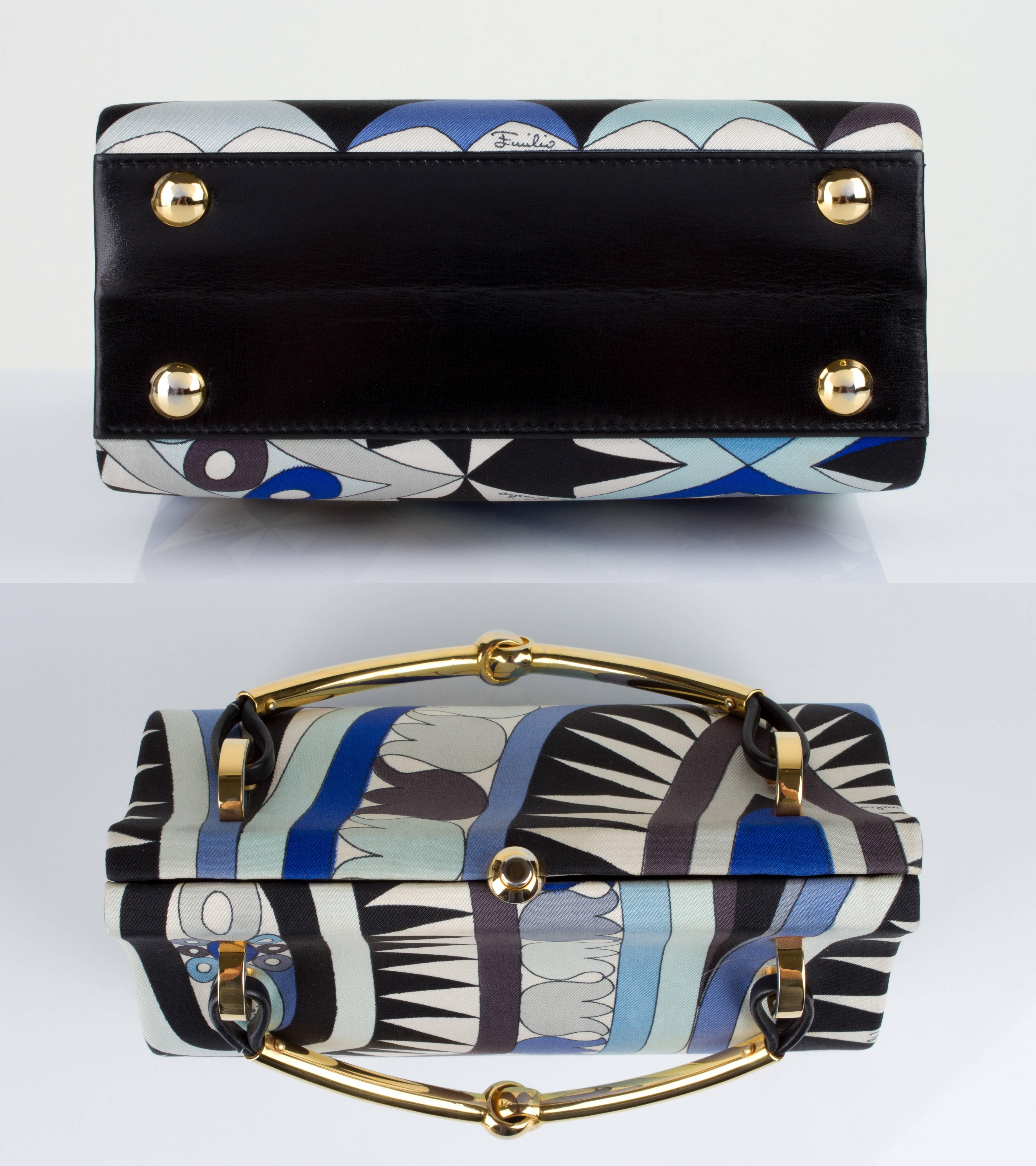 Women's 1960s EMILIO PUCCI Blue Signature Print Silk Structured Box Purse Handbag 