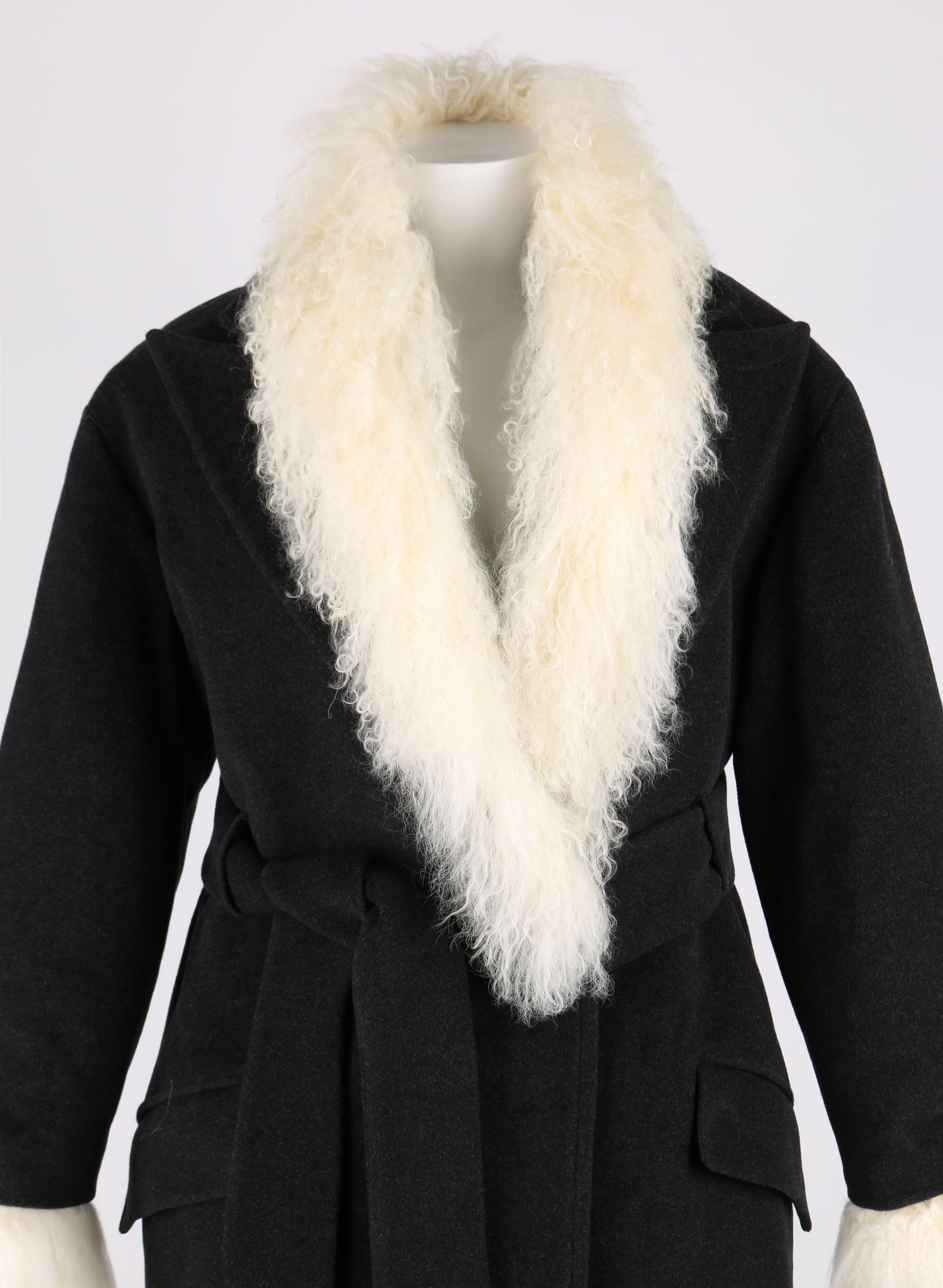 ALEXANDER McQueen c.2000 Cappotto con collo a scialle in lana grigia e pelliccia di agnello mongolo 44 / XL in vendita 1