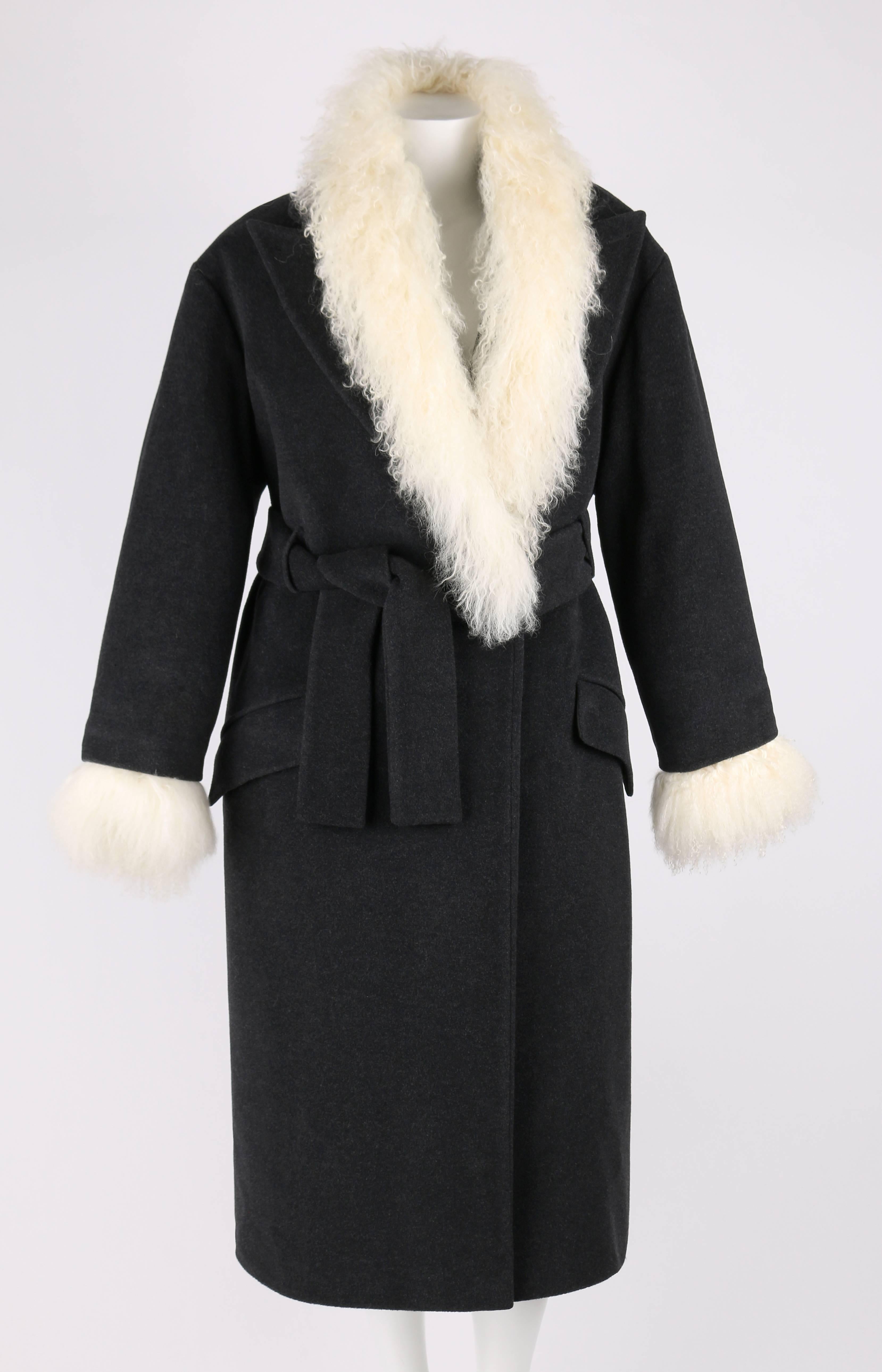 Alexander McQueen c. 2000 charcoal gray wool coat with genuine ivory Mongolian lamb fur trim. Extremely rare early design. Open front - mongolian lamb creates a shawl collar appearance. Closes with tie belt at waist. Two flap pockets (original