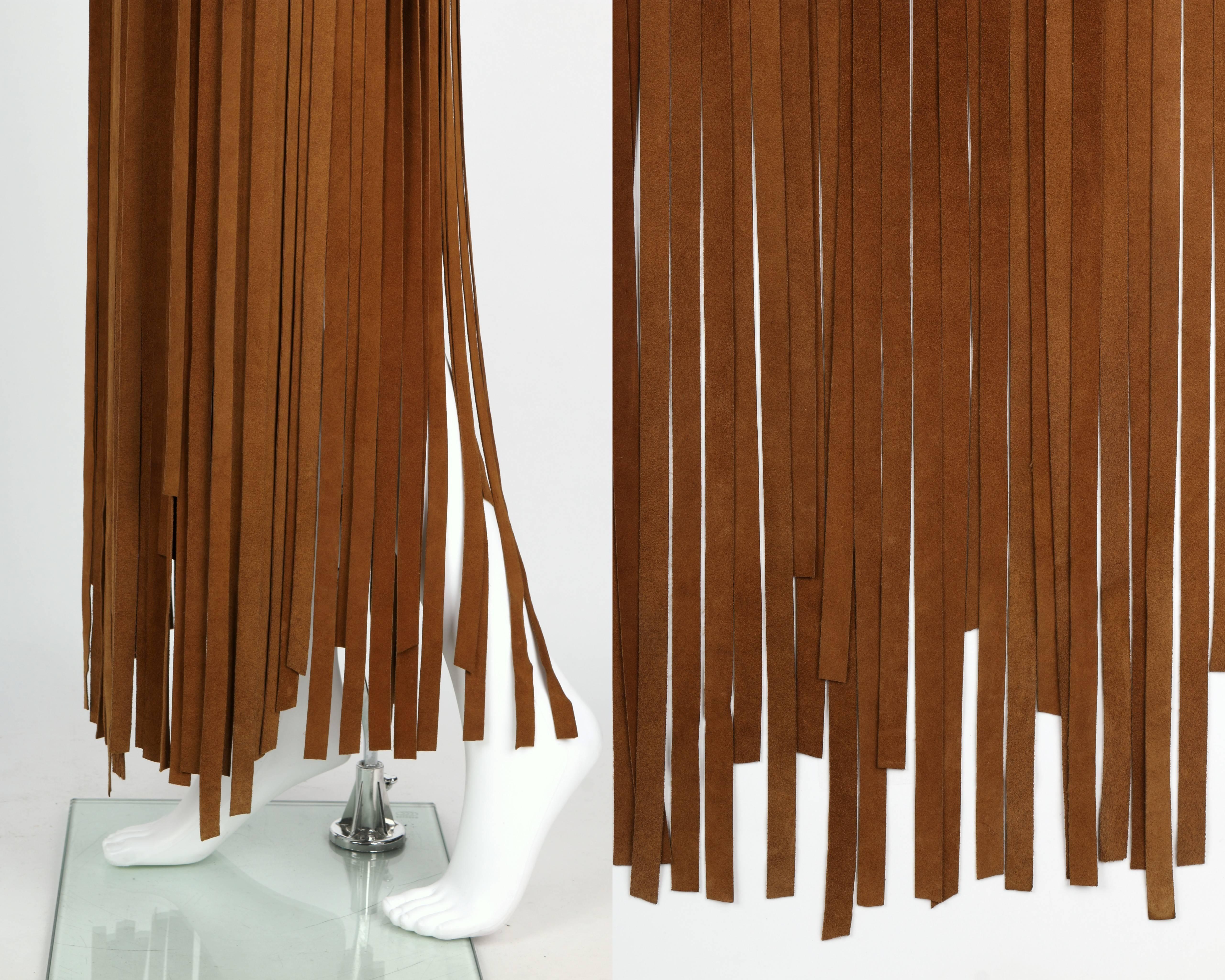 HERMES 1970s Brown Calf Skin Suede Leather Mini Long Maxi Fringe Skirt Size 38 2