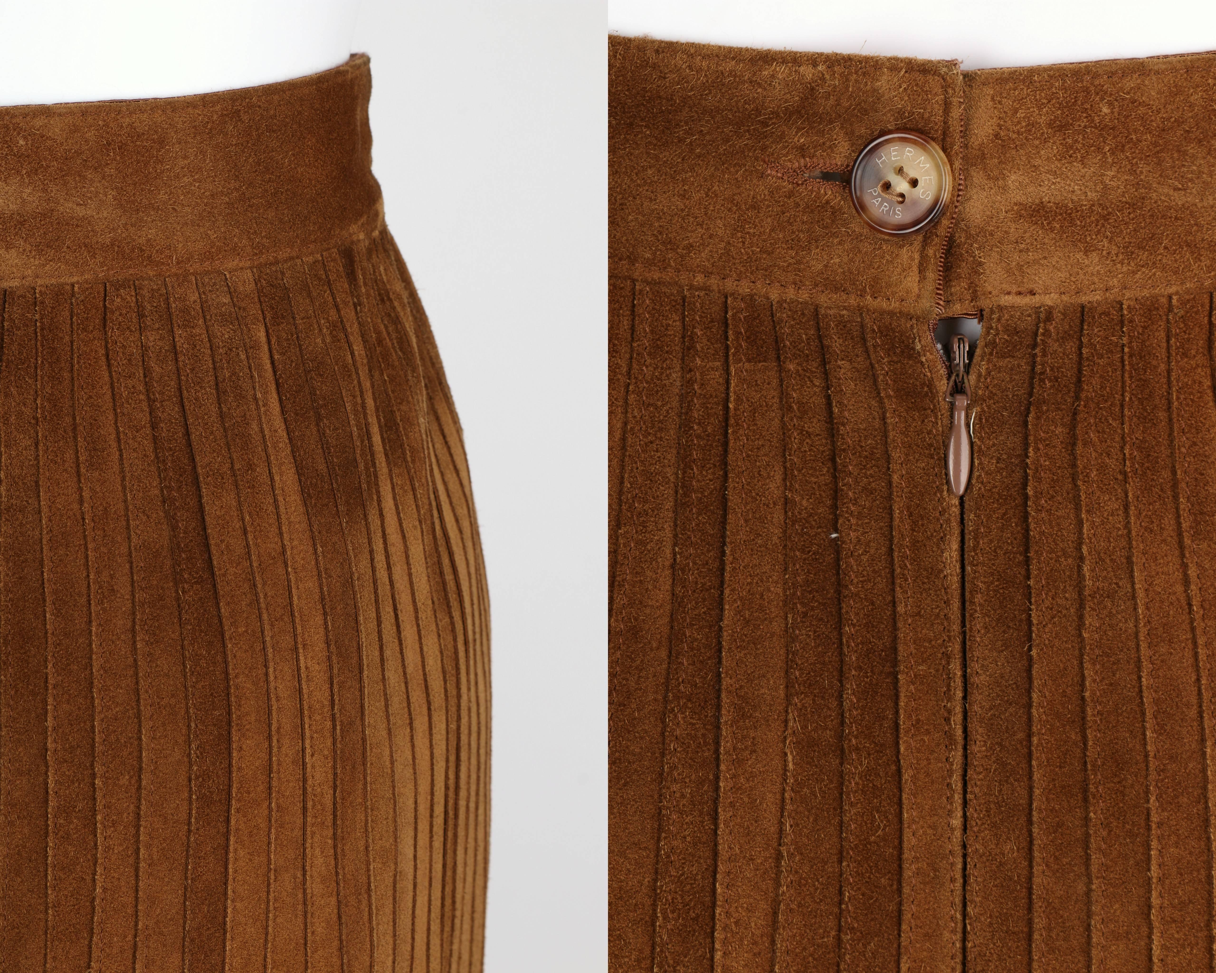 HERMES 1970s Brown Calf Skin Suede Leather Mini Long Maxi Fringe Skirt Size 38 1