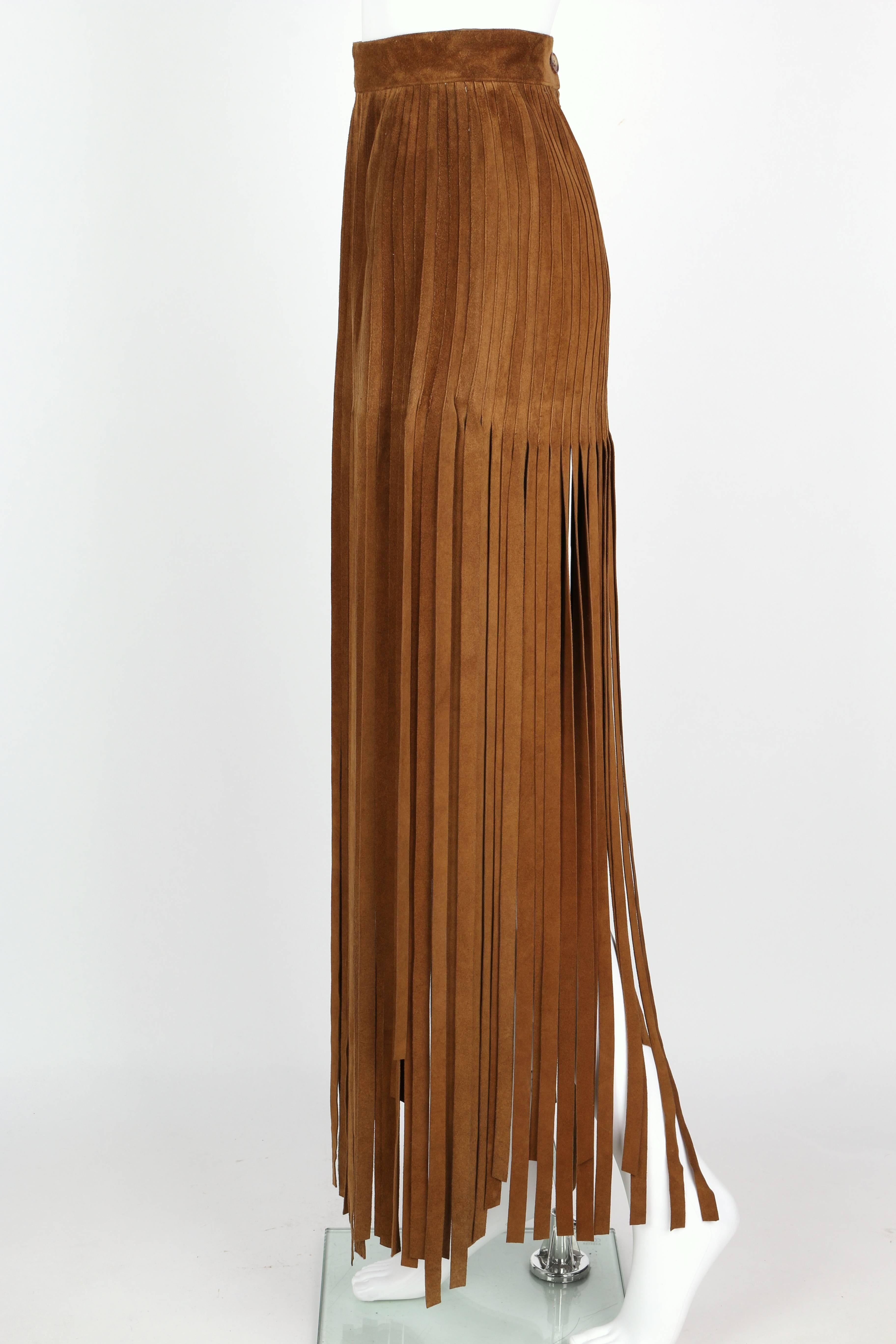 HERMES 1970s Brown Calf Skin Suede Leather Mini Long Maxi Fringe Skirt Size 38 In Excellent Condition In Thiensville, WI