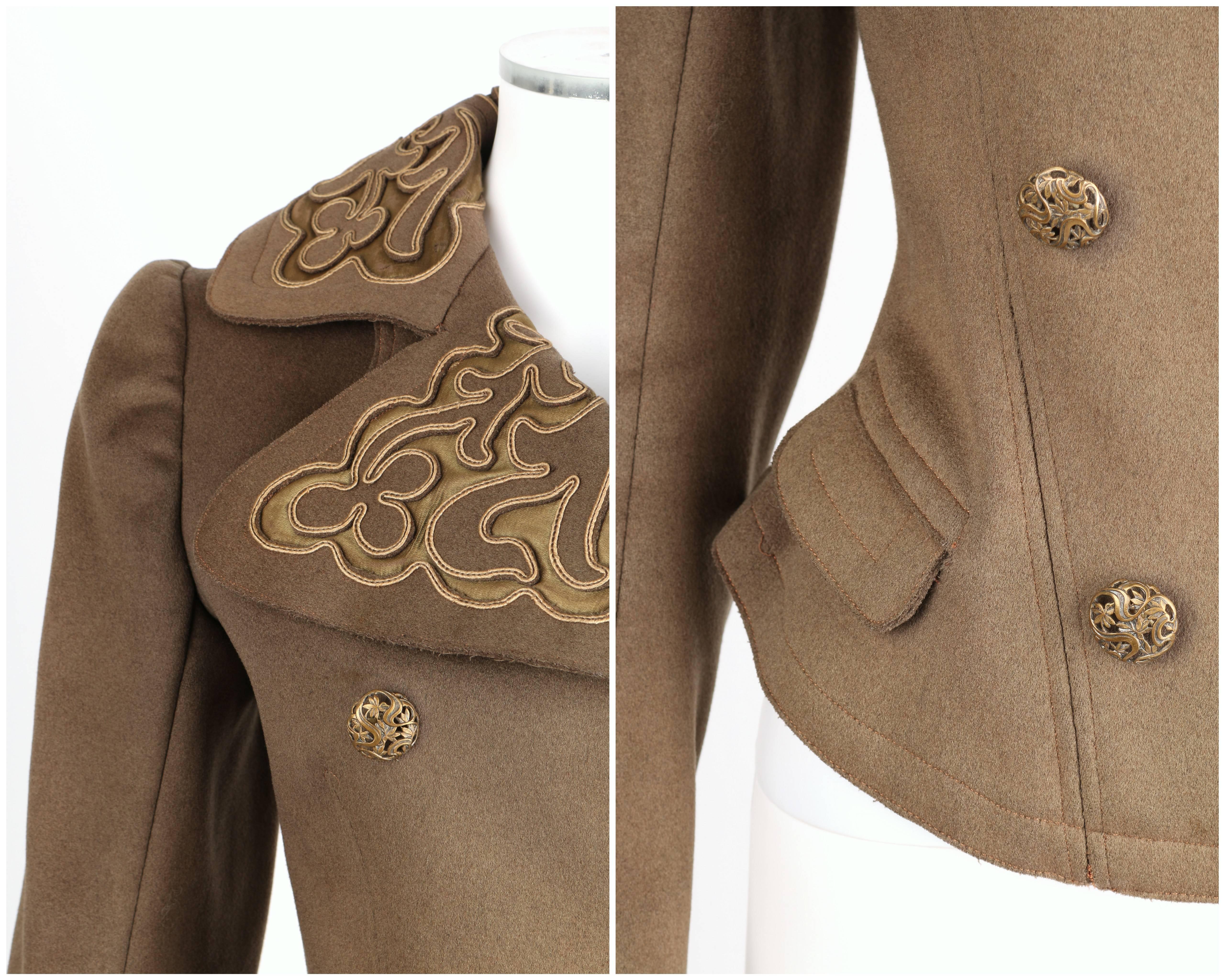 Women's Couture EDWARDIAN c.1900s Vintage Art Nouveau Military Olive Brown Wool Jacket