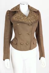 Couture EDWARDIAN c.1900s Vintage Art Nouveau Military Olive Brown Wool Jacket