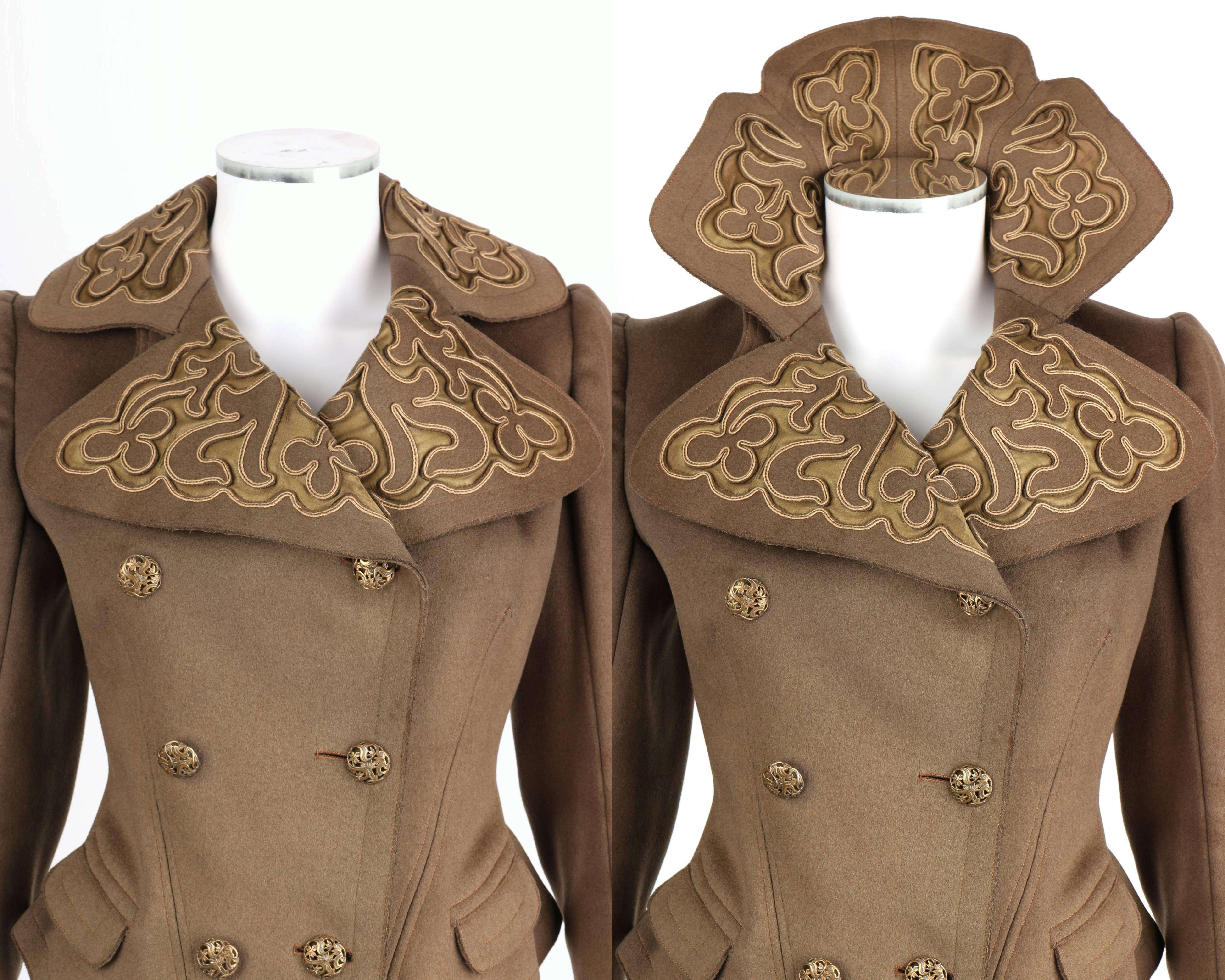 Couture EDWARDIAN c.1900s Vintage Art Nouveau Military Olive Brown Wool Jacket In Good Condition In Thiensville, WI