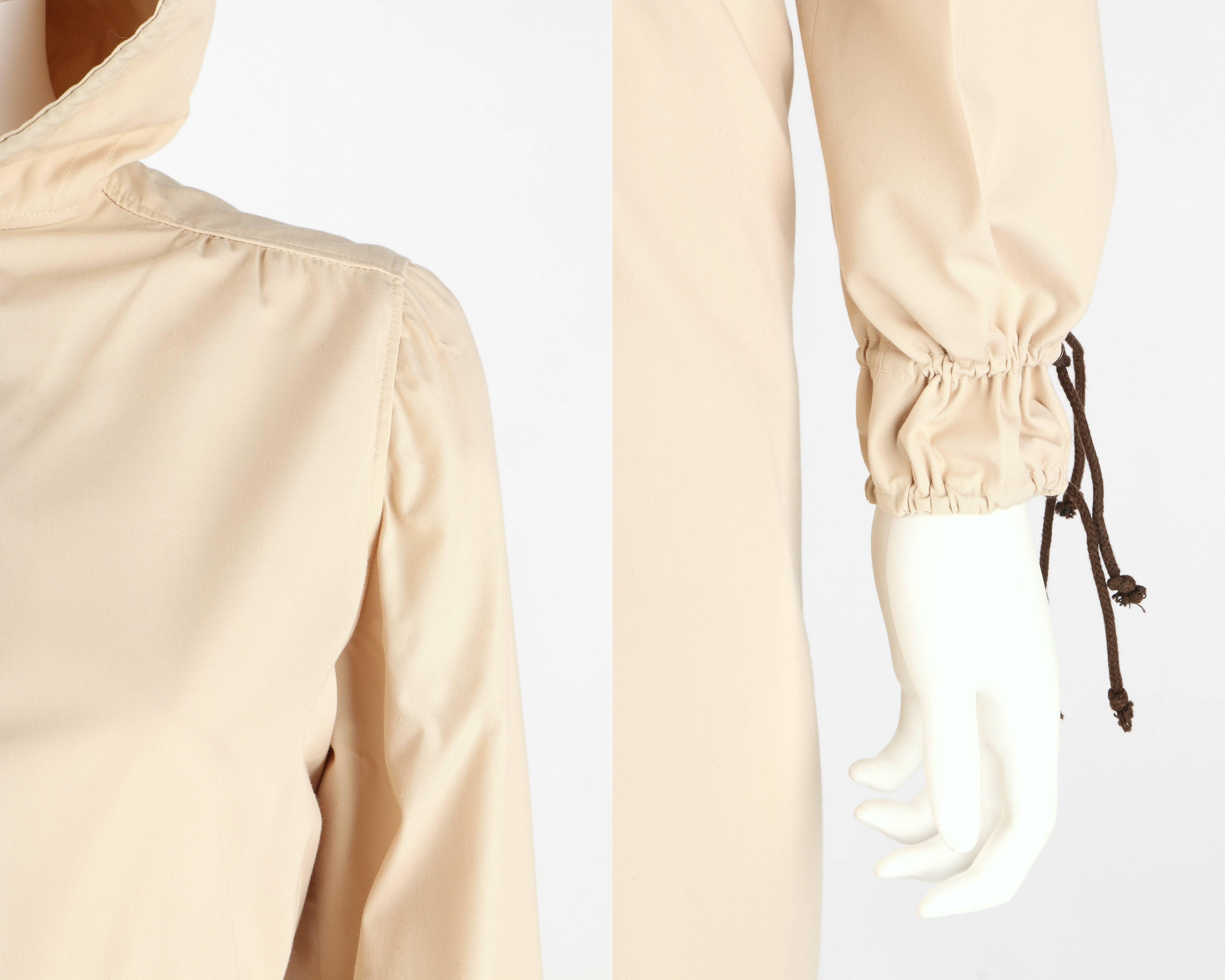 c. 1970's COURREGES HYPERBOLE Khaki Beige Drawstring Hooded Trench Coat Dress O For Sale 4