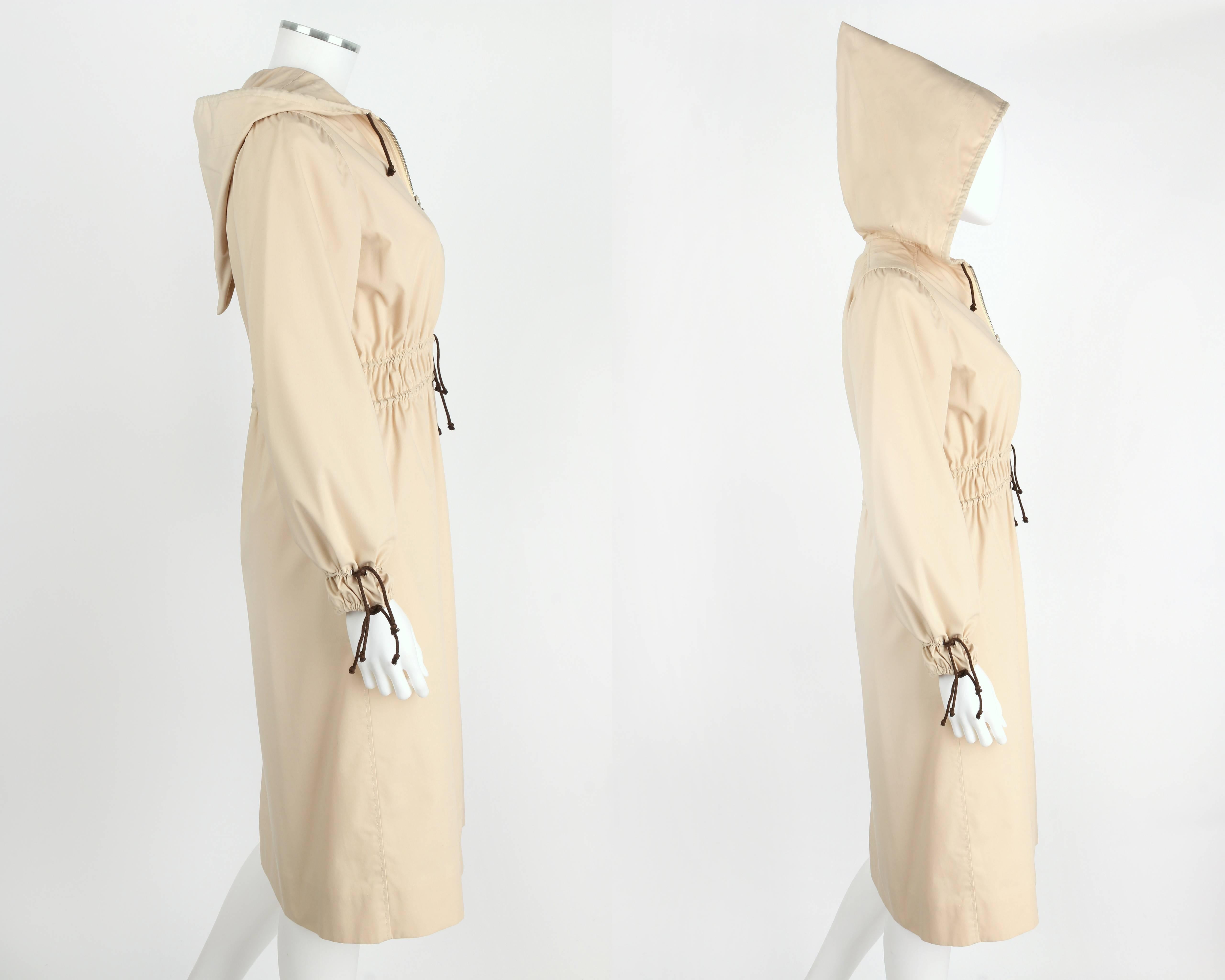 c. 1970's COURREGES HYPERBOLE Khaki Beige Drawstring Hooded Trench Coat Dress O In Good Condition For Sale In Thiensville, WI