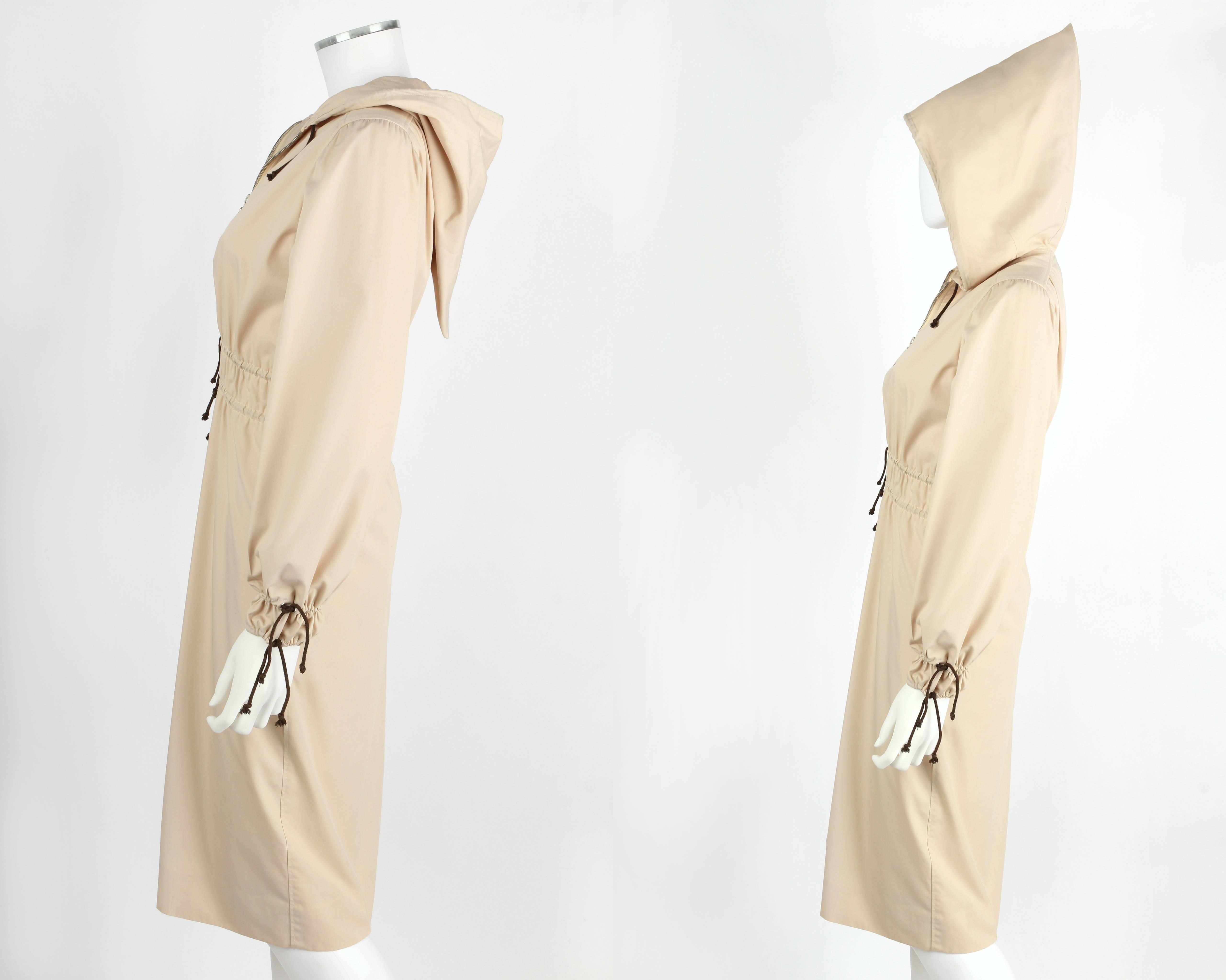 c. 1970's COURREGES HYPERBOLE Khaki Beige Drawstring Hooded Trench Coat Dress O For Sale 1