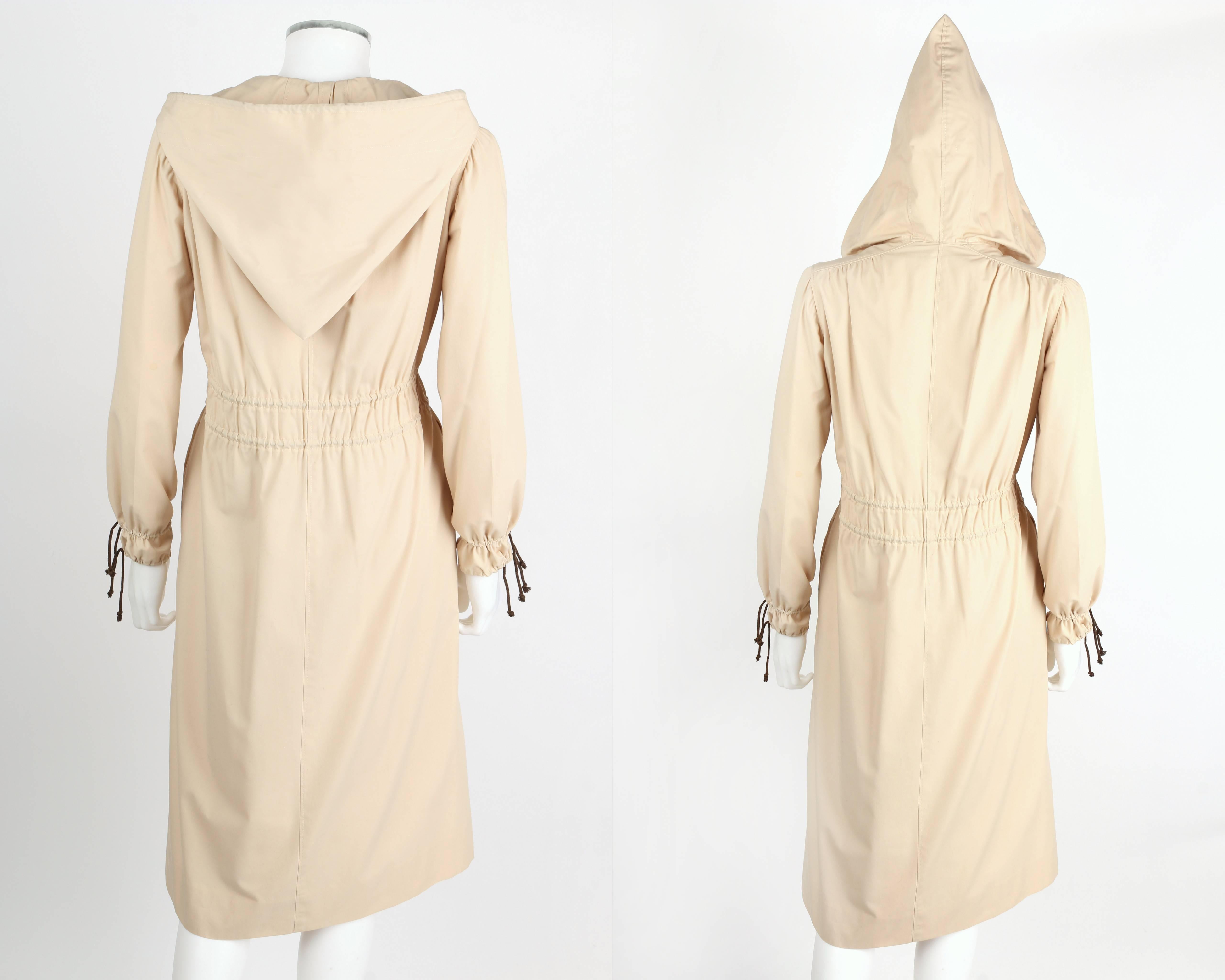 Women's c. 1970's COURREGES HYPERBOLE Khaki Beige Drawstring Hooded Trench Coat Dress O For Sale