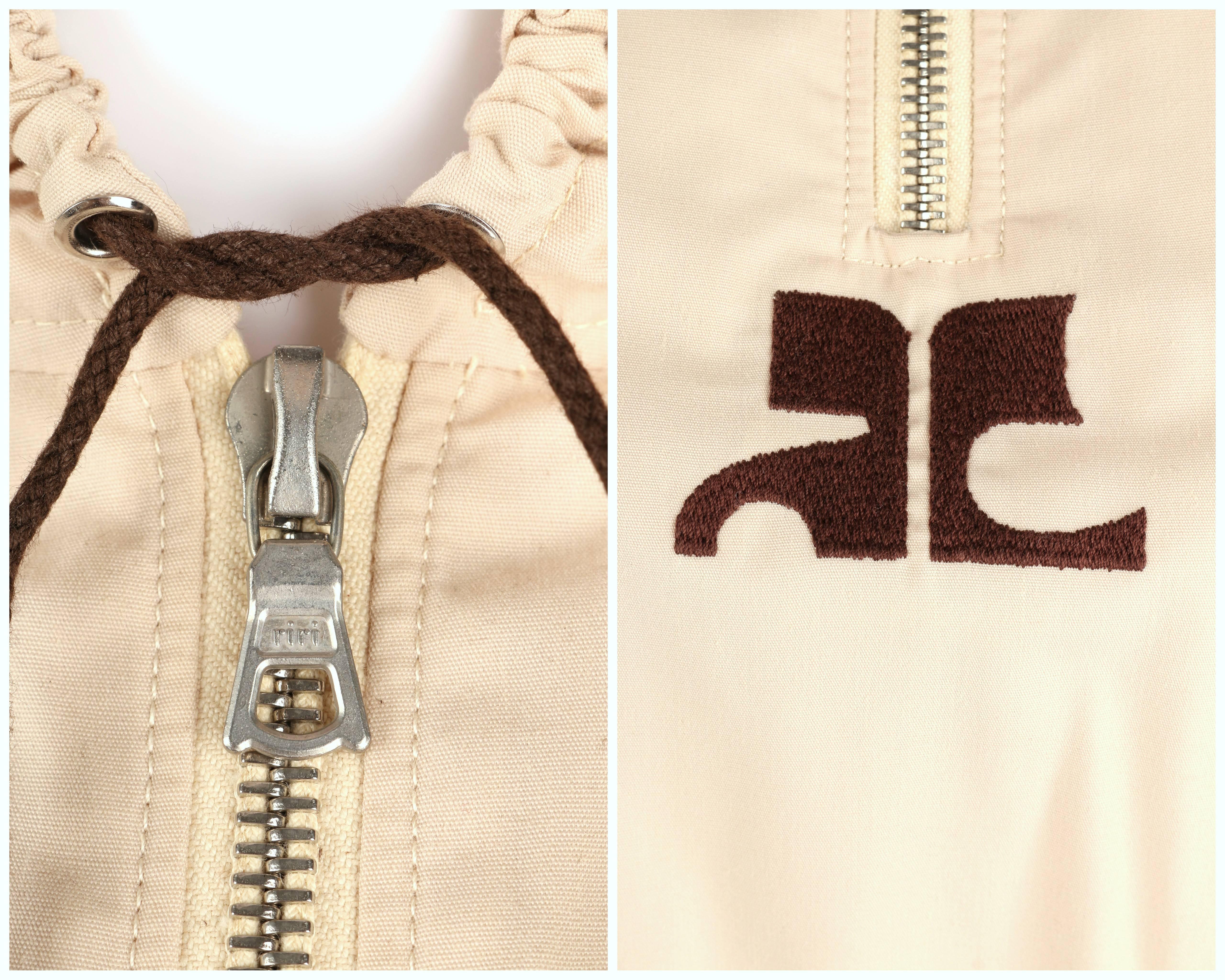 c. 1970's COURREGES HYPERBOLE Khaki Beige Drawstring Hooded Trench Coat Dress O For Sale 5