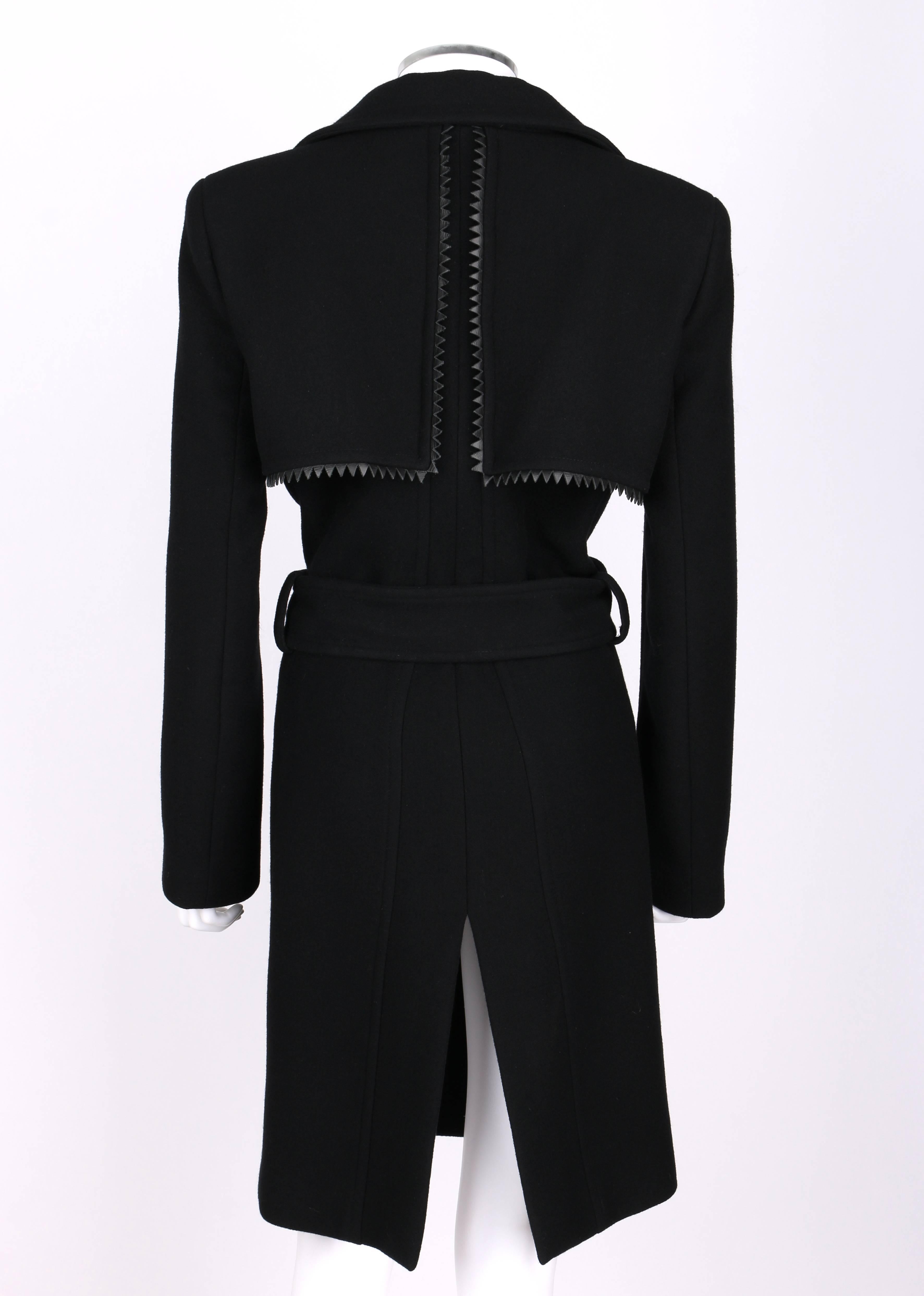 Women's GIANNI VERSACE c.1990's Couture Black Wool Belted Coat Leather Zig Zag Trim For Sale