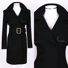 GIANNI VERSACE c.1990's Couture Black Wool Belted Coat Leather Zig Zag Trim