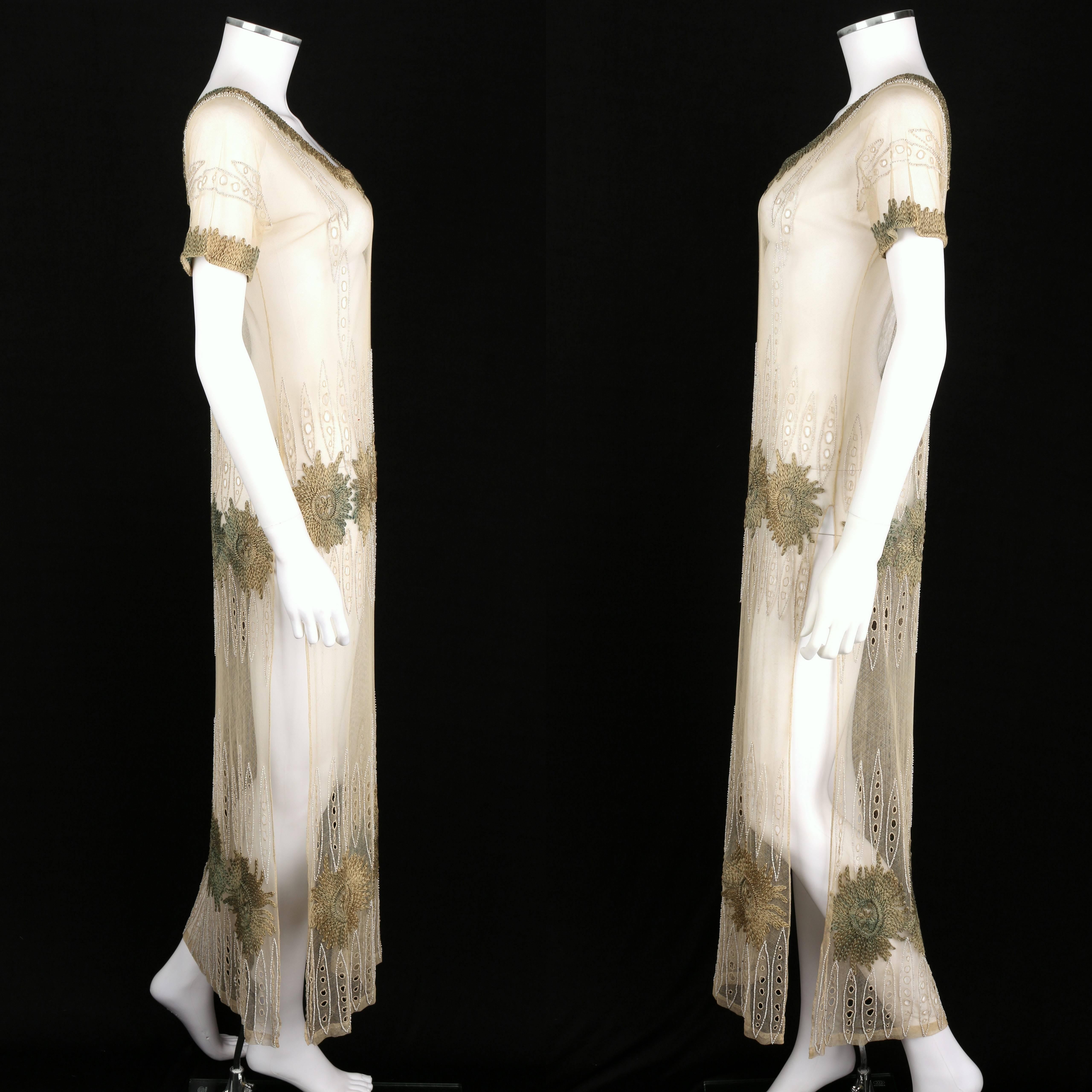 Beige COUTURE Edwardian c.1910's Ivory Floral Embroidered Beaded Mesh Tabard Overdress