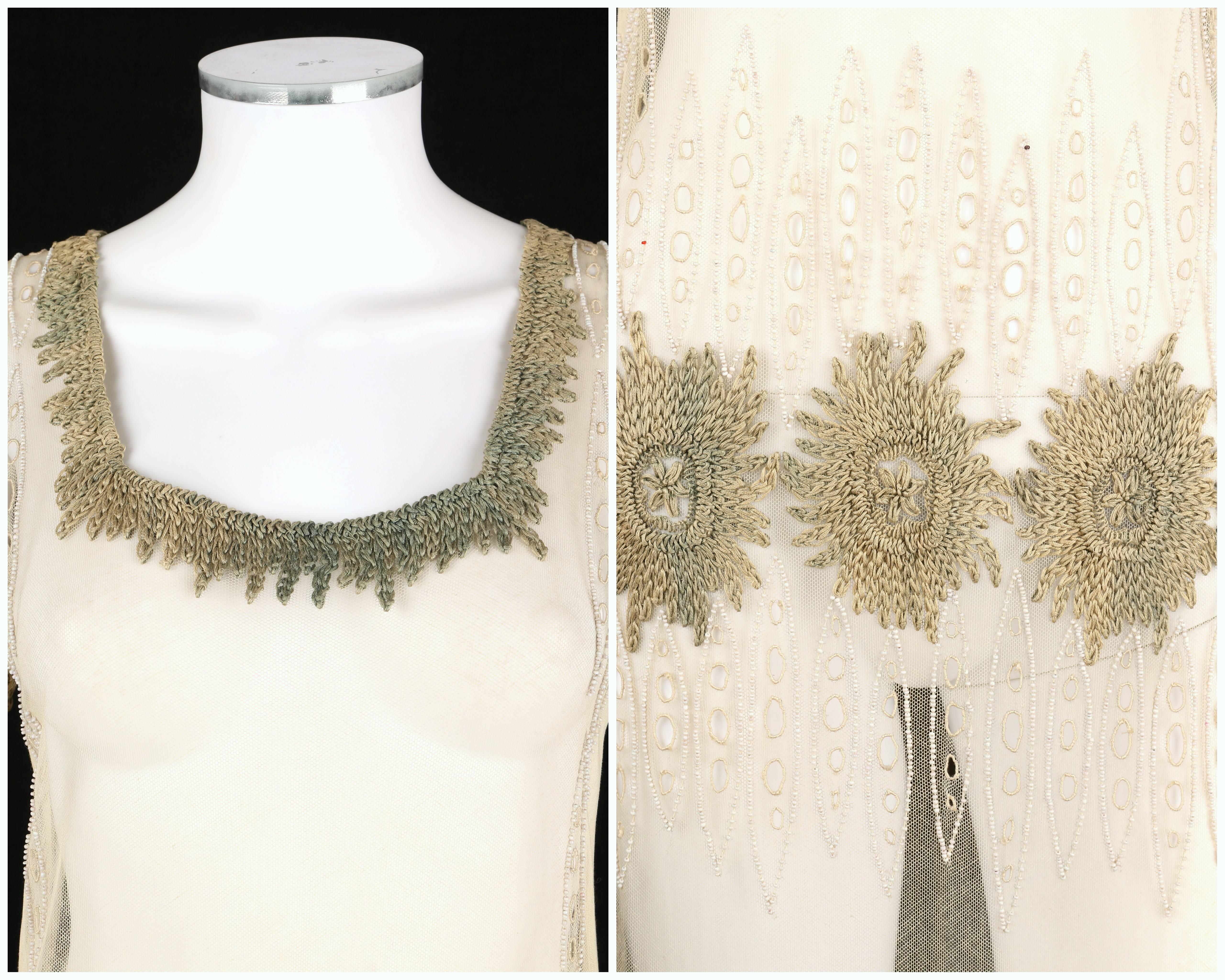 Women's COUTURE Edwardian c.1910's Ivory Floral Embroidered Beaded Mesh Tabard Overdress