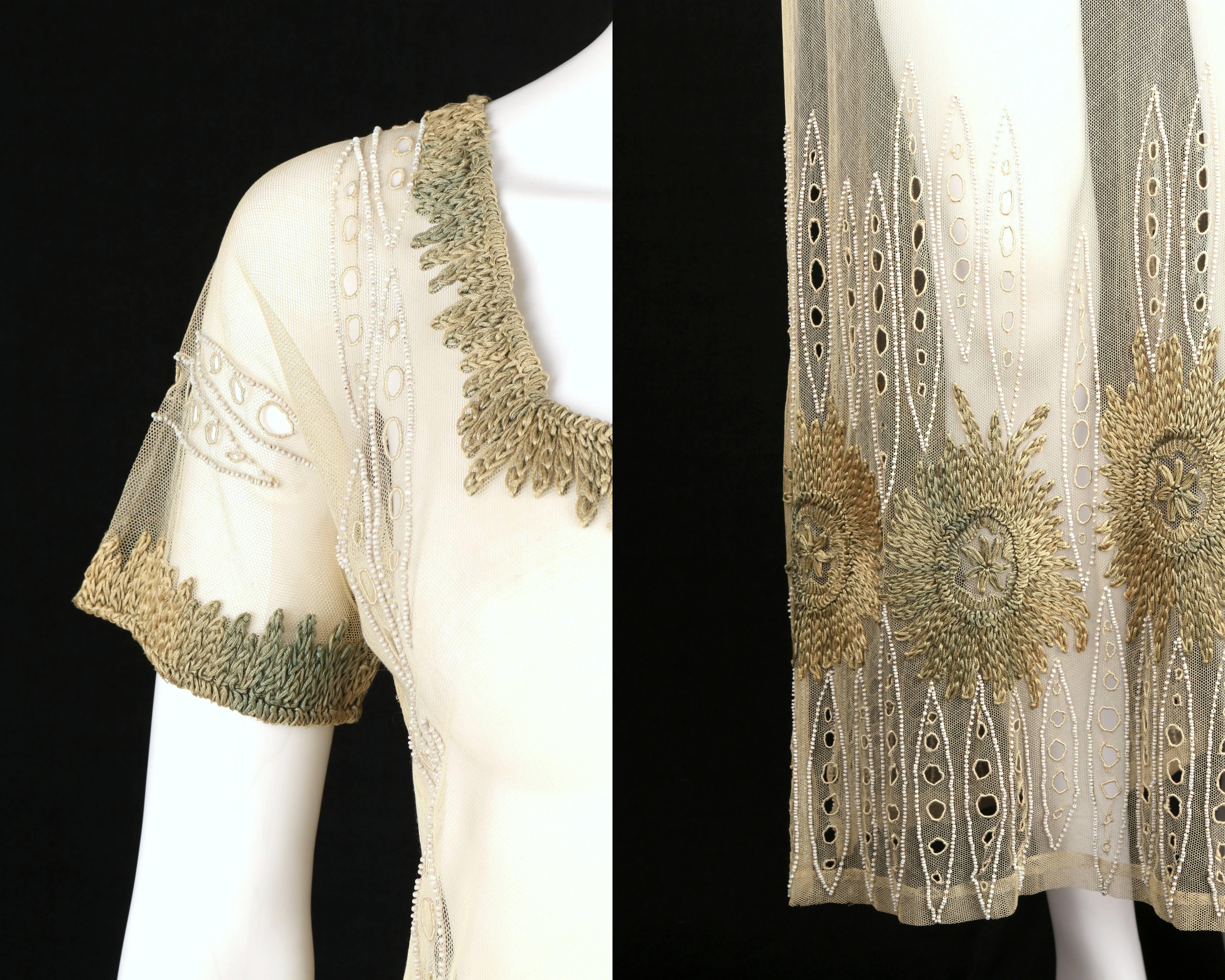 COUTURE Edwardian c.1910's Ivory Floral Embroidered Beaded Mesh Tabard Overdress 1