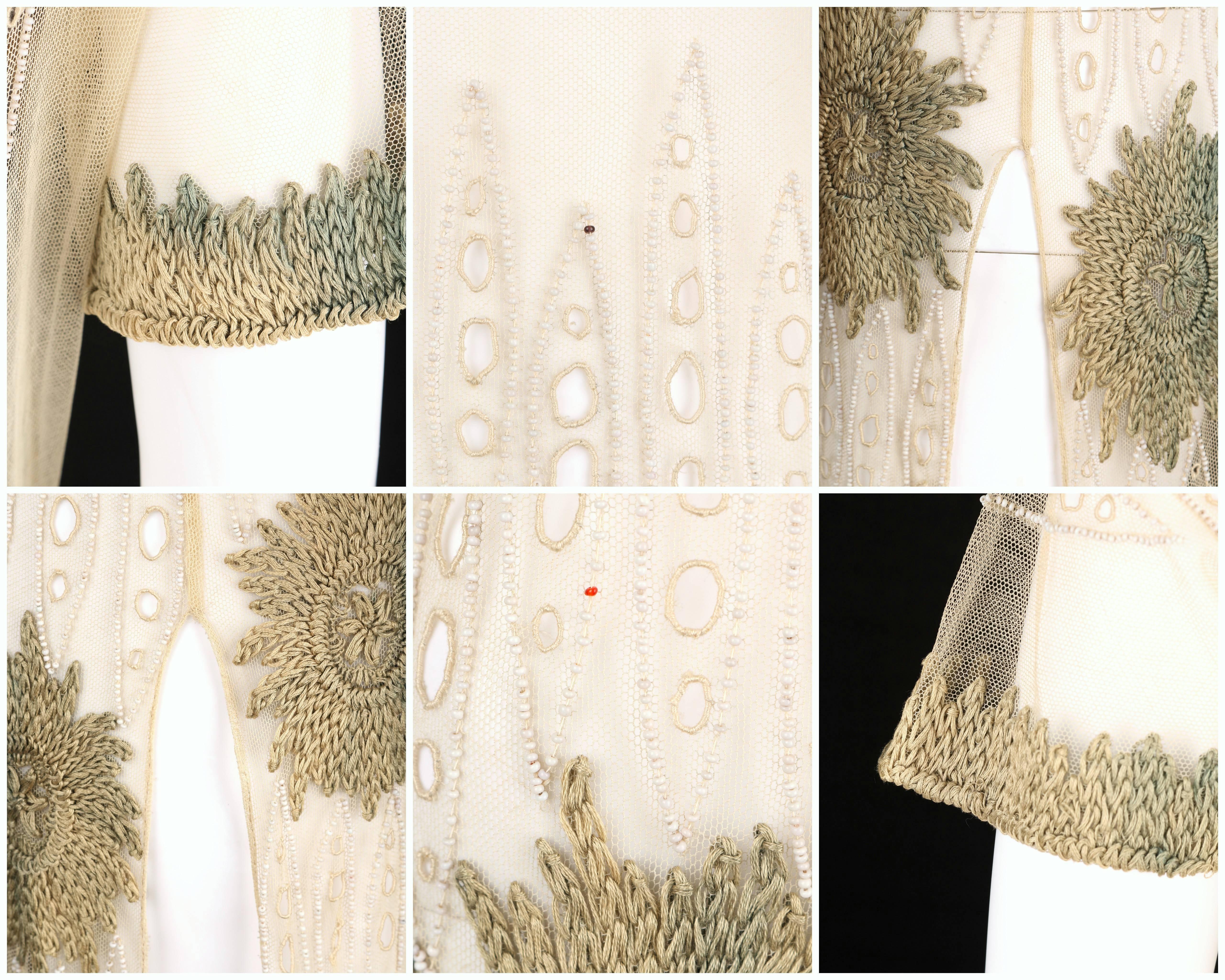 COUTURE Edwardian c.1910's Ivory Floral Embroidered Beaded Mesh Tabard Overdress 3