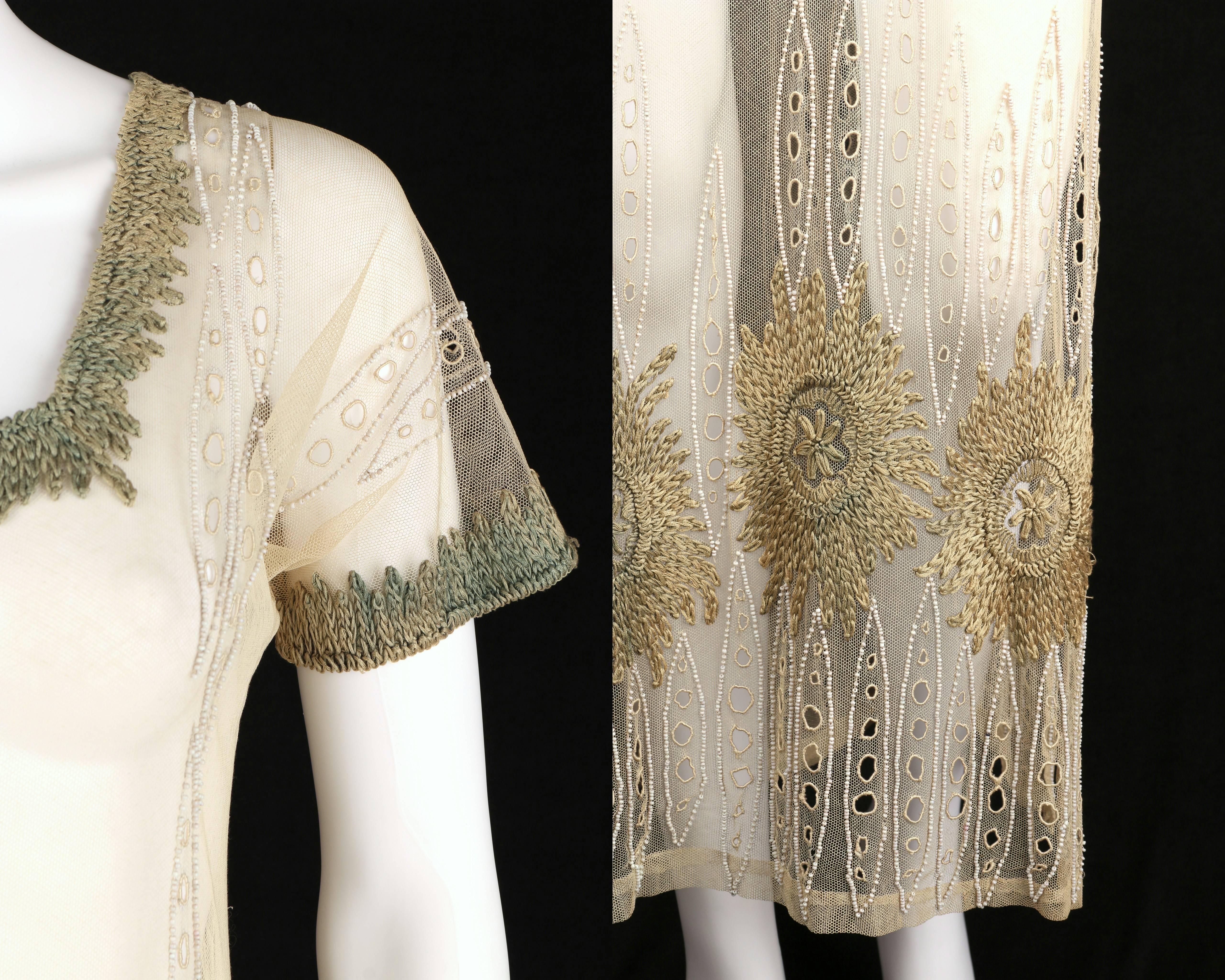 COUTURE Edwardian c.1910's Ivory Floral Embroidered Beaded Mesh Tabard Overdress 2