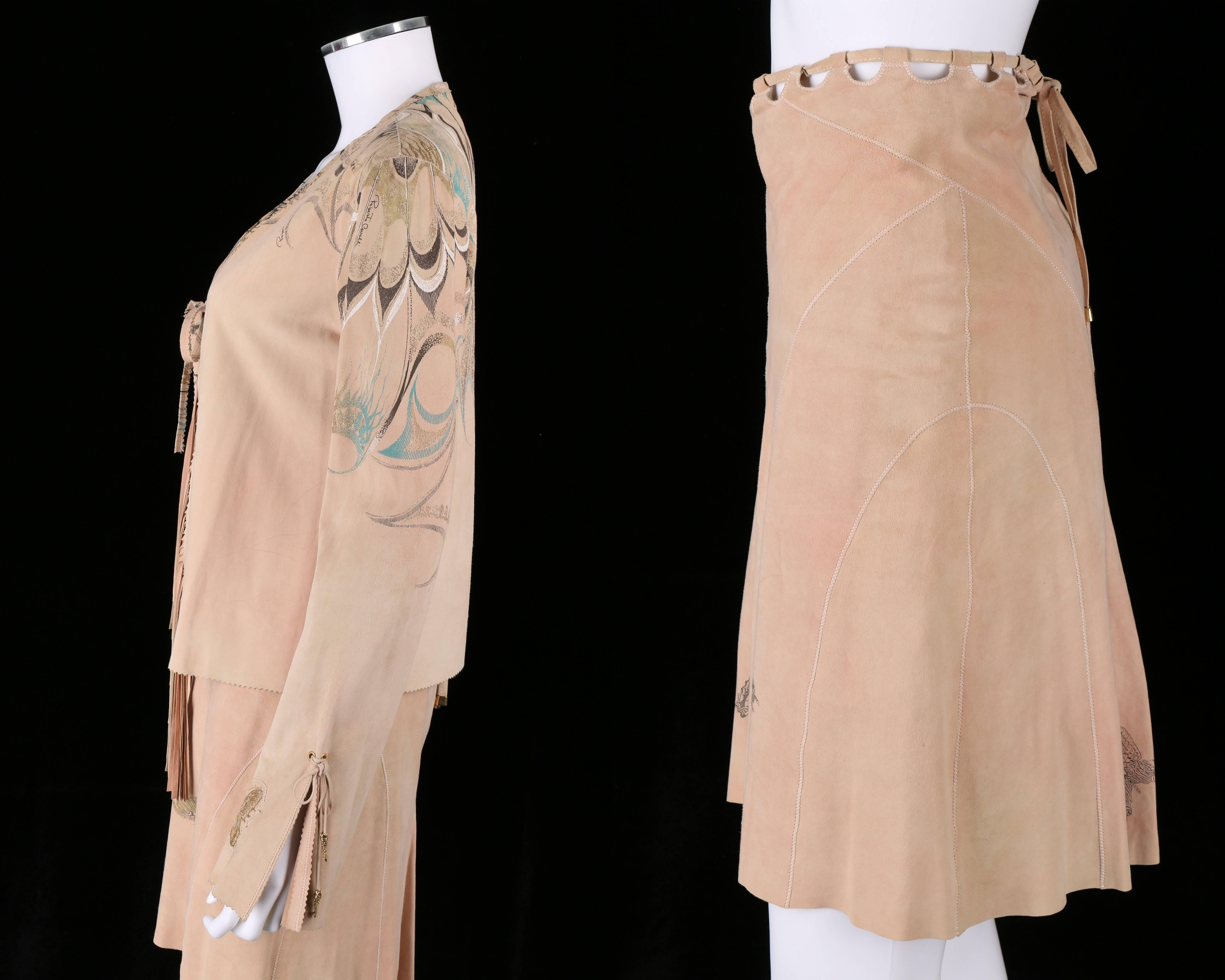 Women's ROBERTO CAVALLI 2 Pc Tan Beige Suede Leather Butterfly Fringe Jacket Skirt XS S