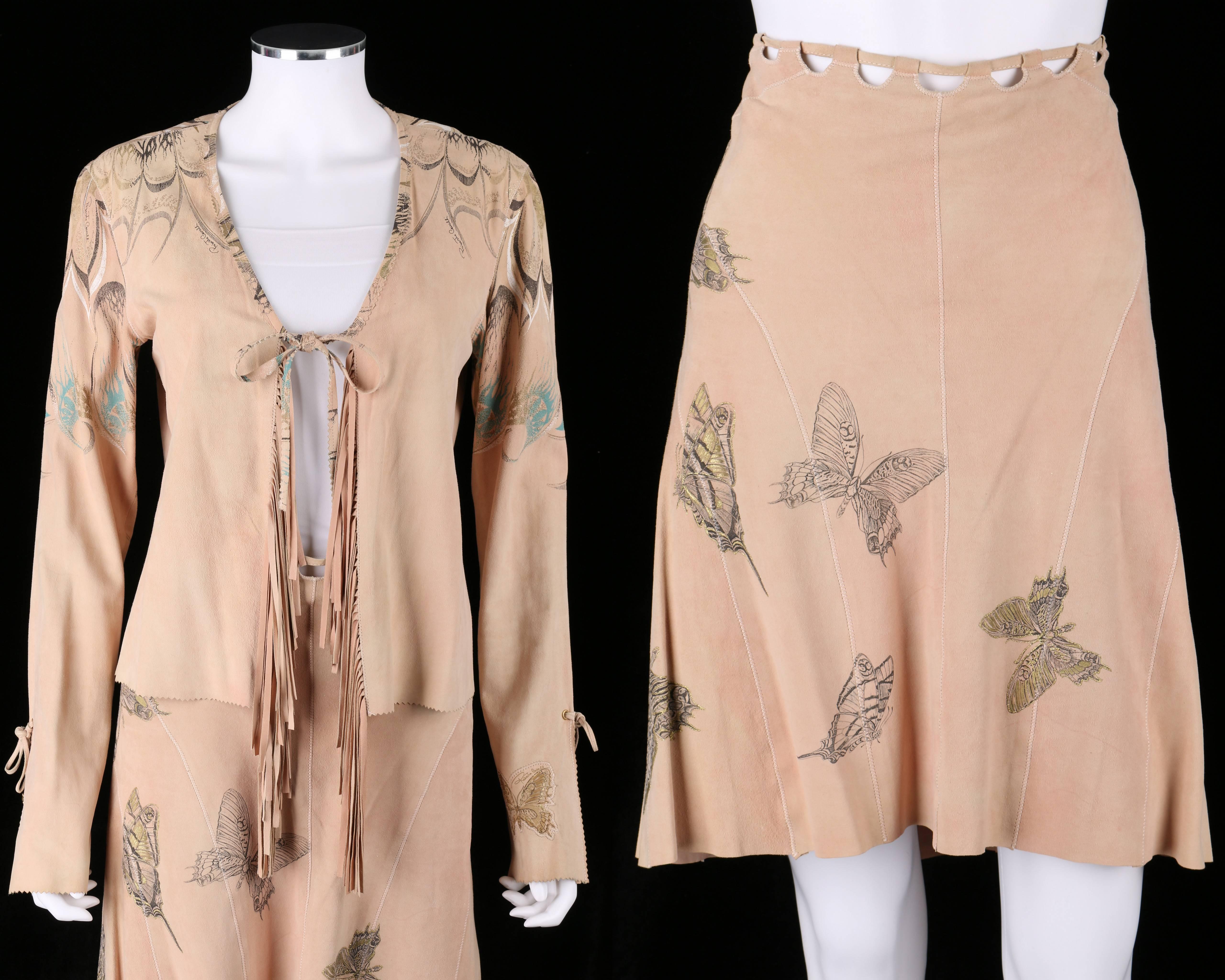 Roberto Cavalli two piece genuine suede leather skirt and top/jacket set. Multi-color embossed butterfly embellishment. Jacket as an open front with fringe detail. Skirt has a cutout drawstring waist that ties at back. Top stitch detail. Hidden zip