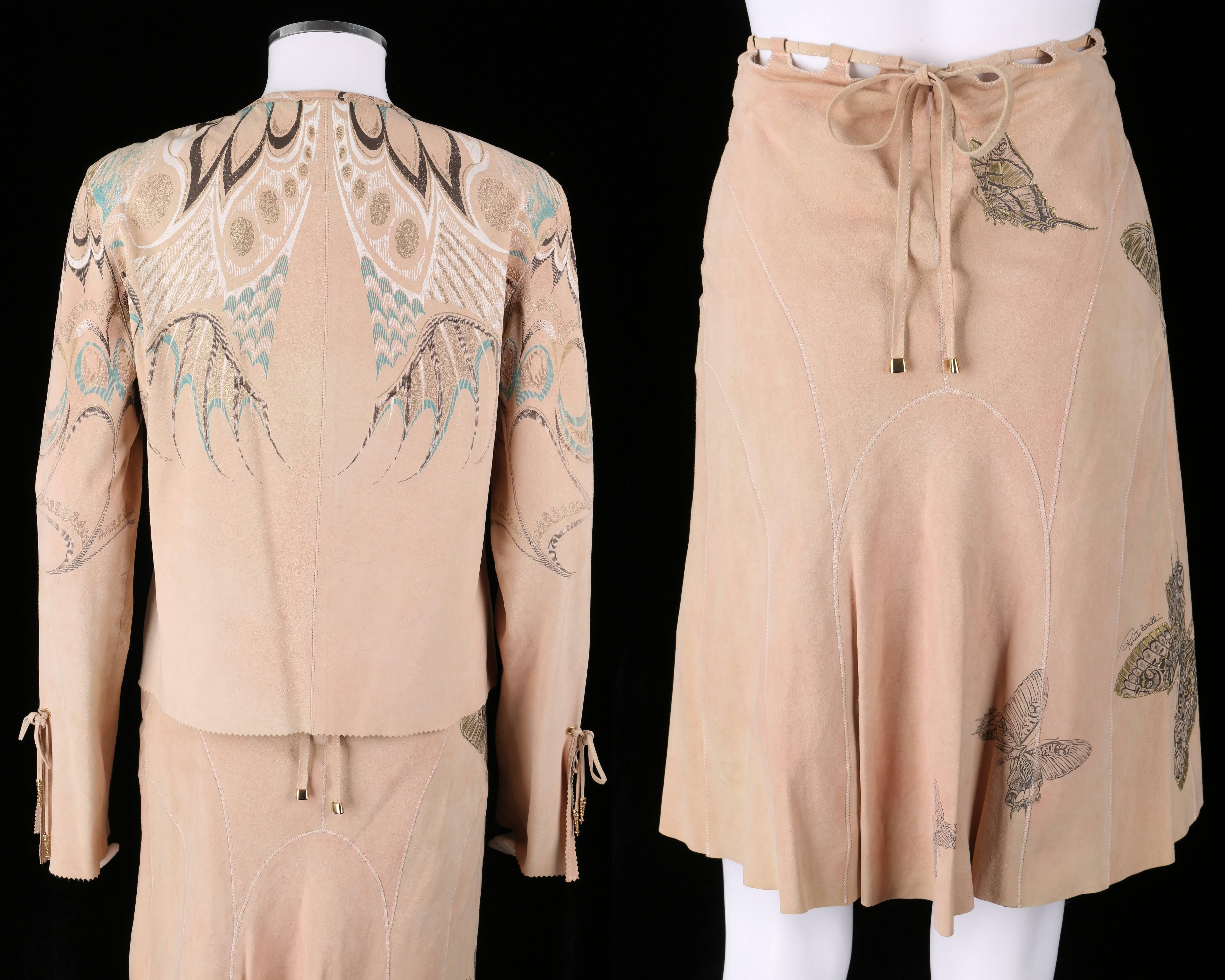 ROBERTO CAVALLI 2 Pc Tan Beige Suede Leather Butterfly Fringe Jacket Skirt XS S In Good Condition In Thiensville, WI