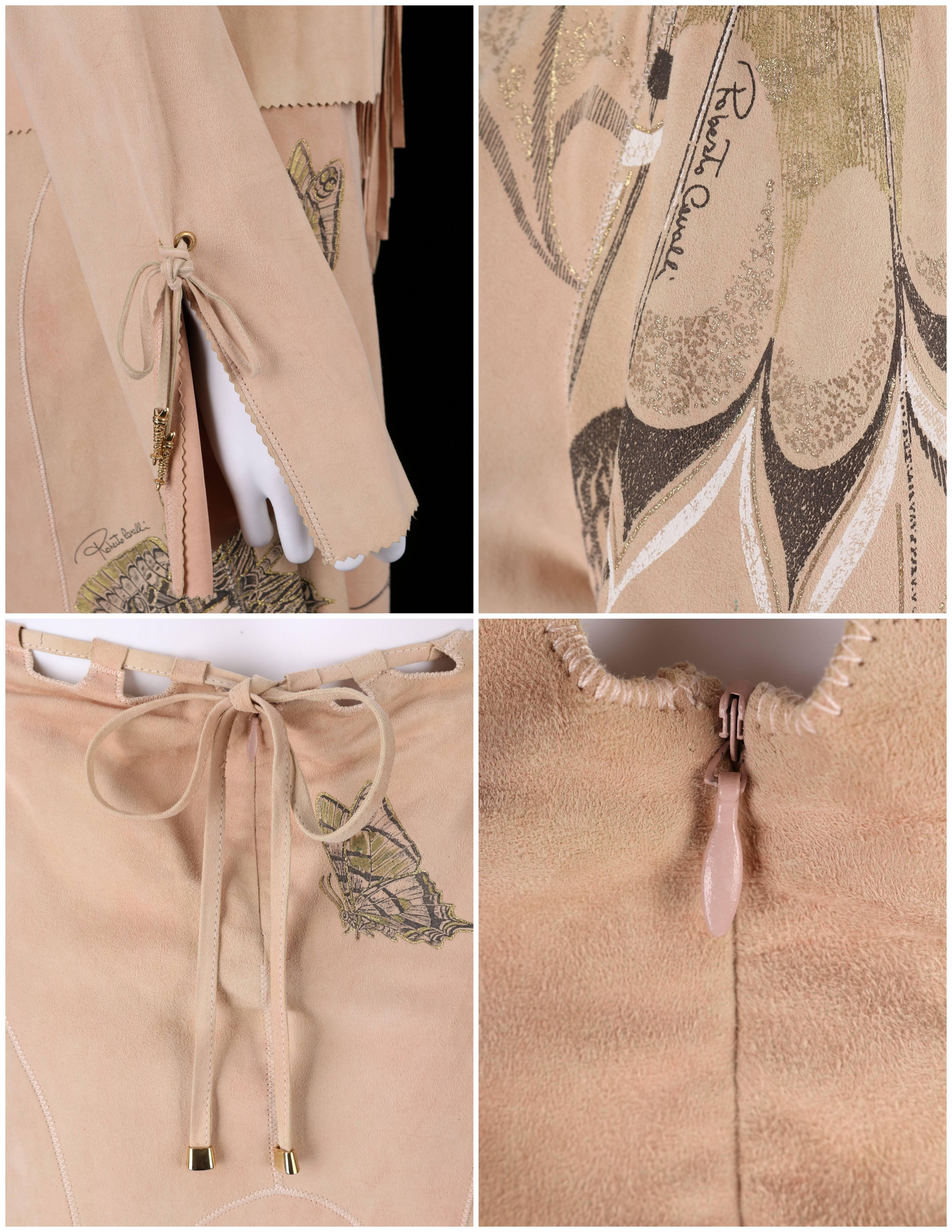 ROBERTO CAVALLI 2 Pc Tan Beige Suede Leather Butterfly Fringe Jacket Skirt XS S 4