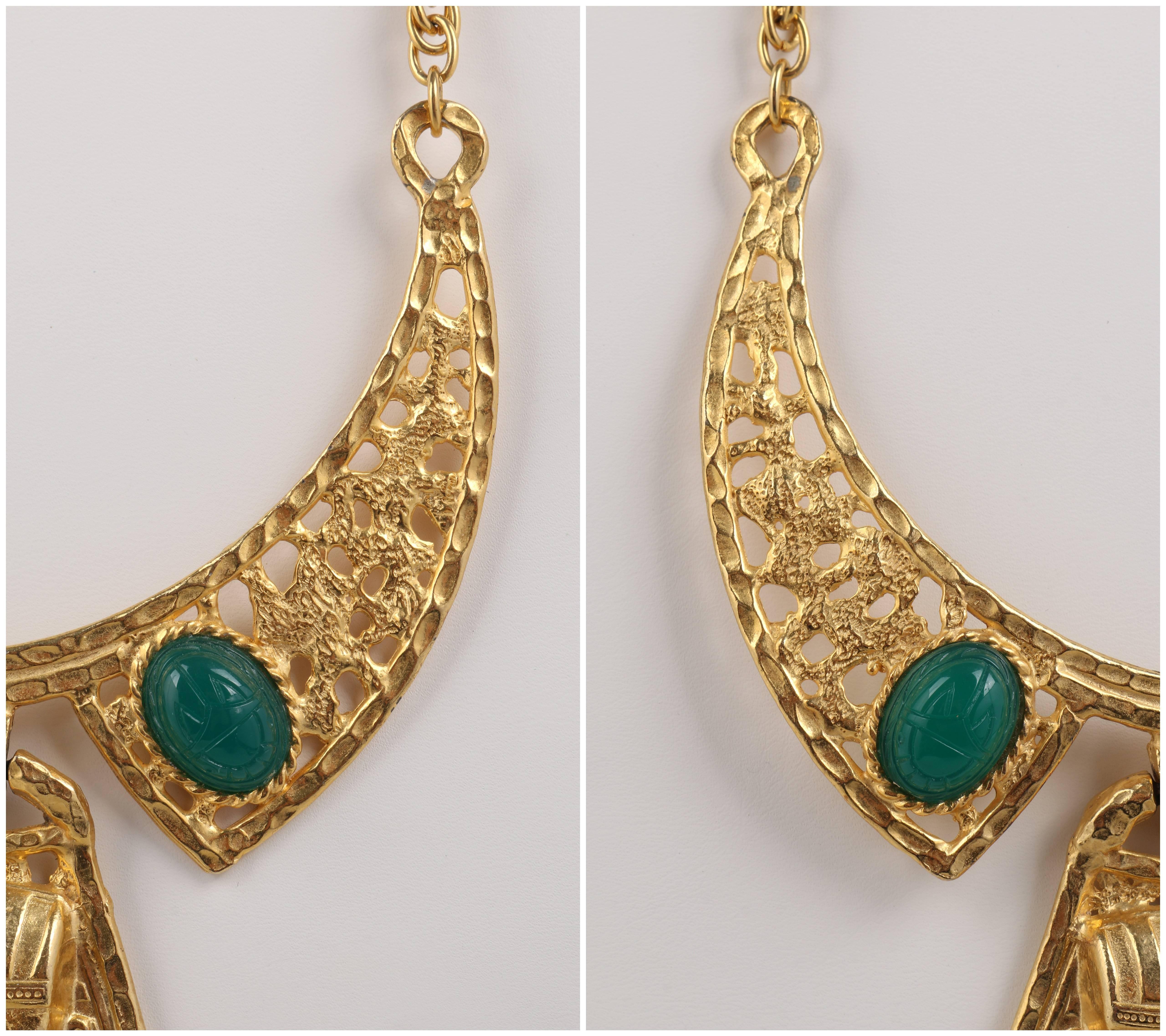 Women's or Men's HATTIE CARNEGIE 1960s Gold Green Egyptian Pharaoh Scarab Collar Bib Necklace