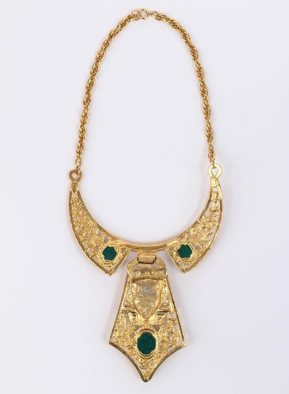 HATTIE CARNAGIE 1960s Gold Green Egyptian Pharaoh Scarab Collar Bib 