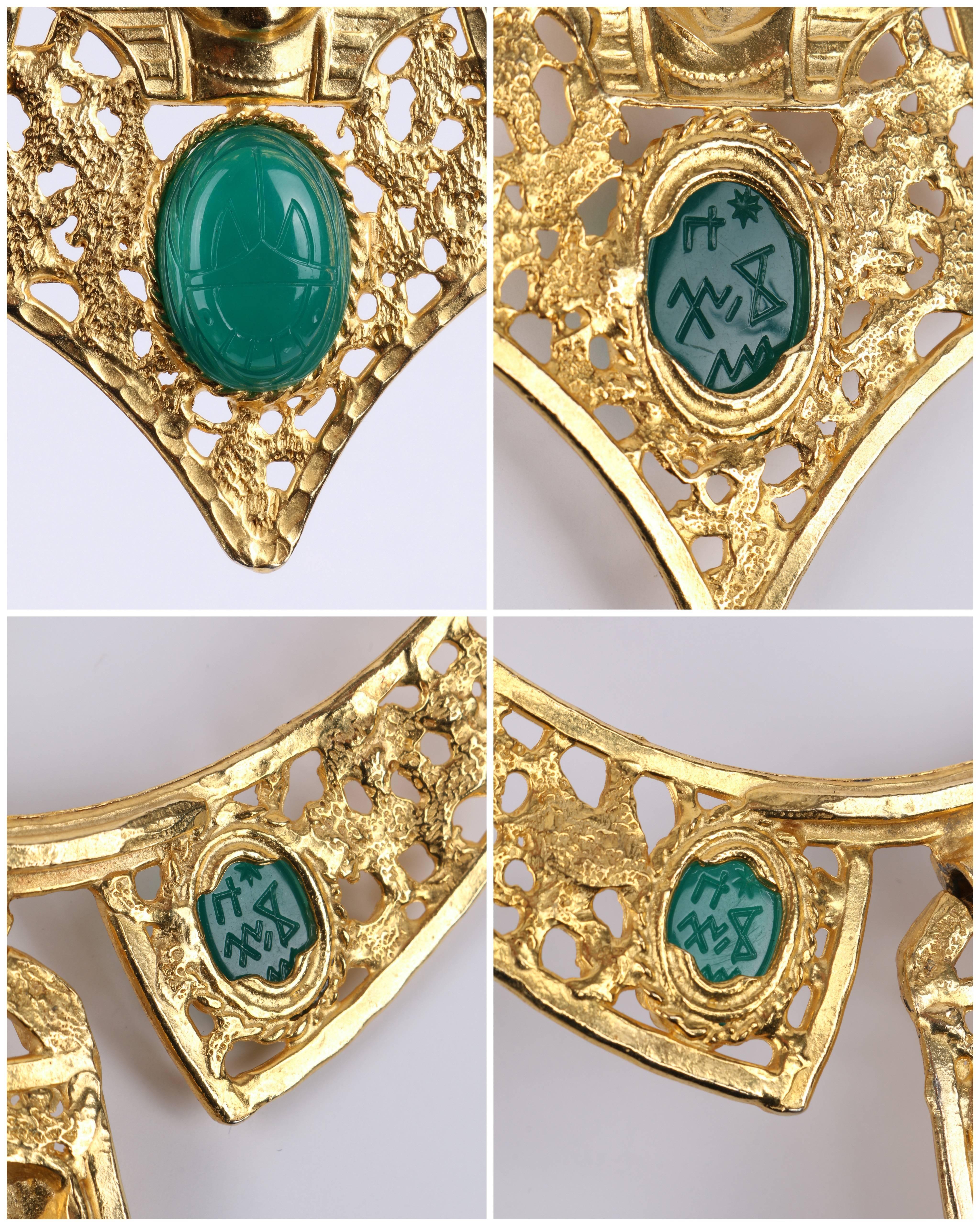 Egyptian Revival HATTIE CARNEGIE 1960s Gold Green Egyptian Pharaoh Scarab Collar Bib Necklace