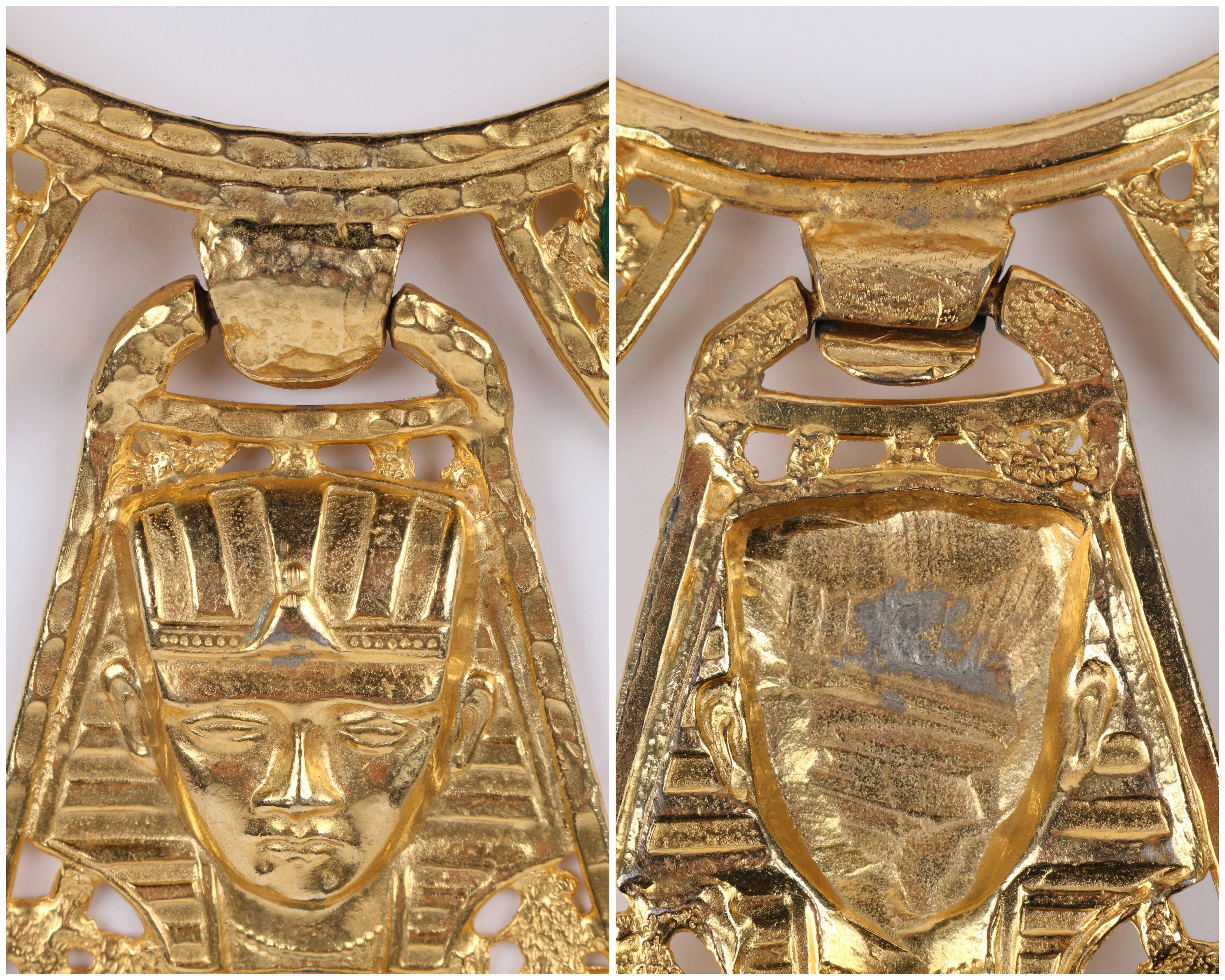 HATTIE CARNEGIE 1960s Gold Green Egyptian Pharaoh Scarab Collar Bib Necklace 2