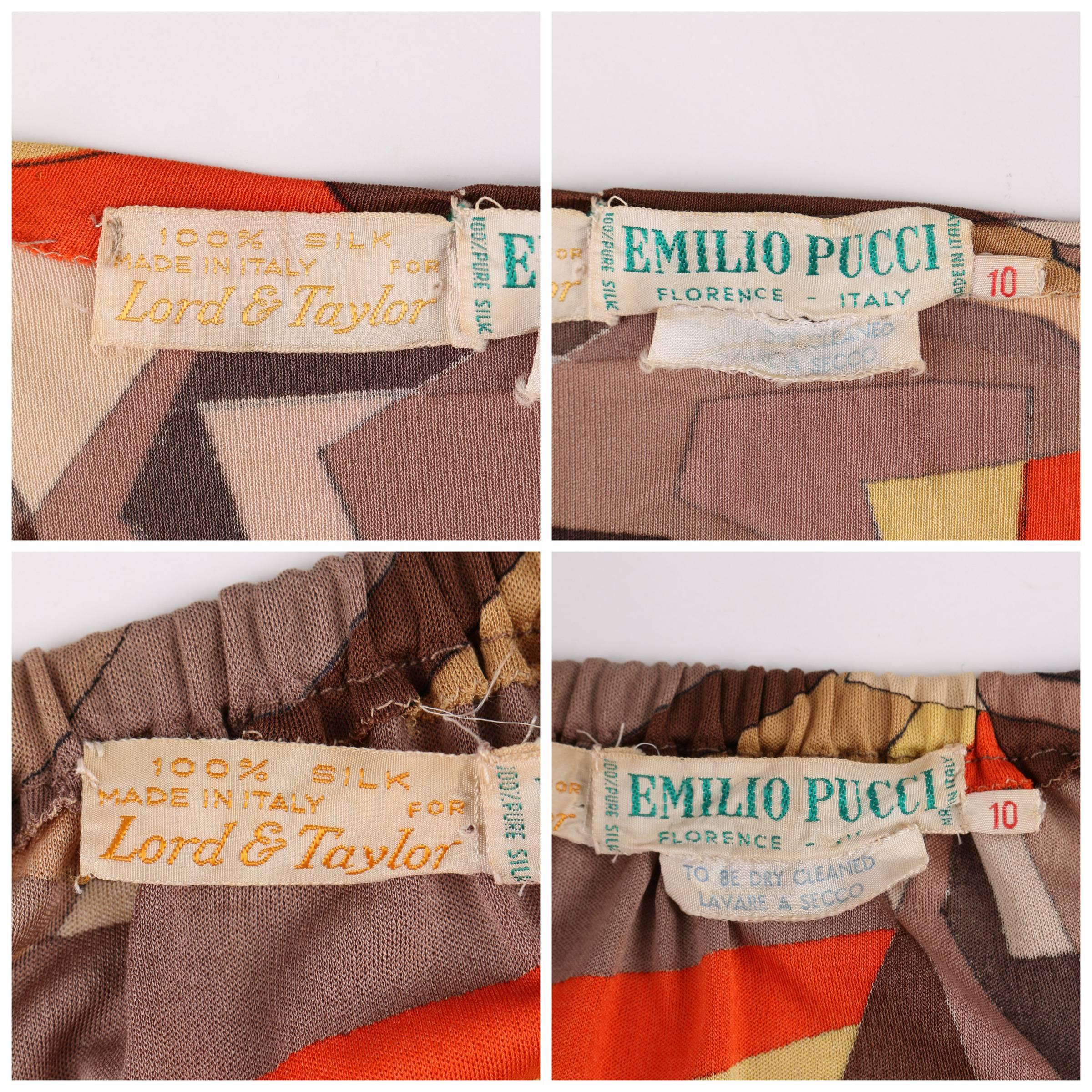 EMILIO PUCCI 1960s 2 Piece Brown Arrow Signature Print Silk Jersey Top Skirt Set 1