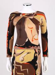 EMILIO PUCCI 1960s 2 Piece Brown Arrow Signature Print Silk Jersey Top Skirt Set