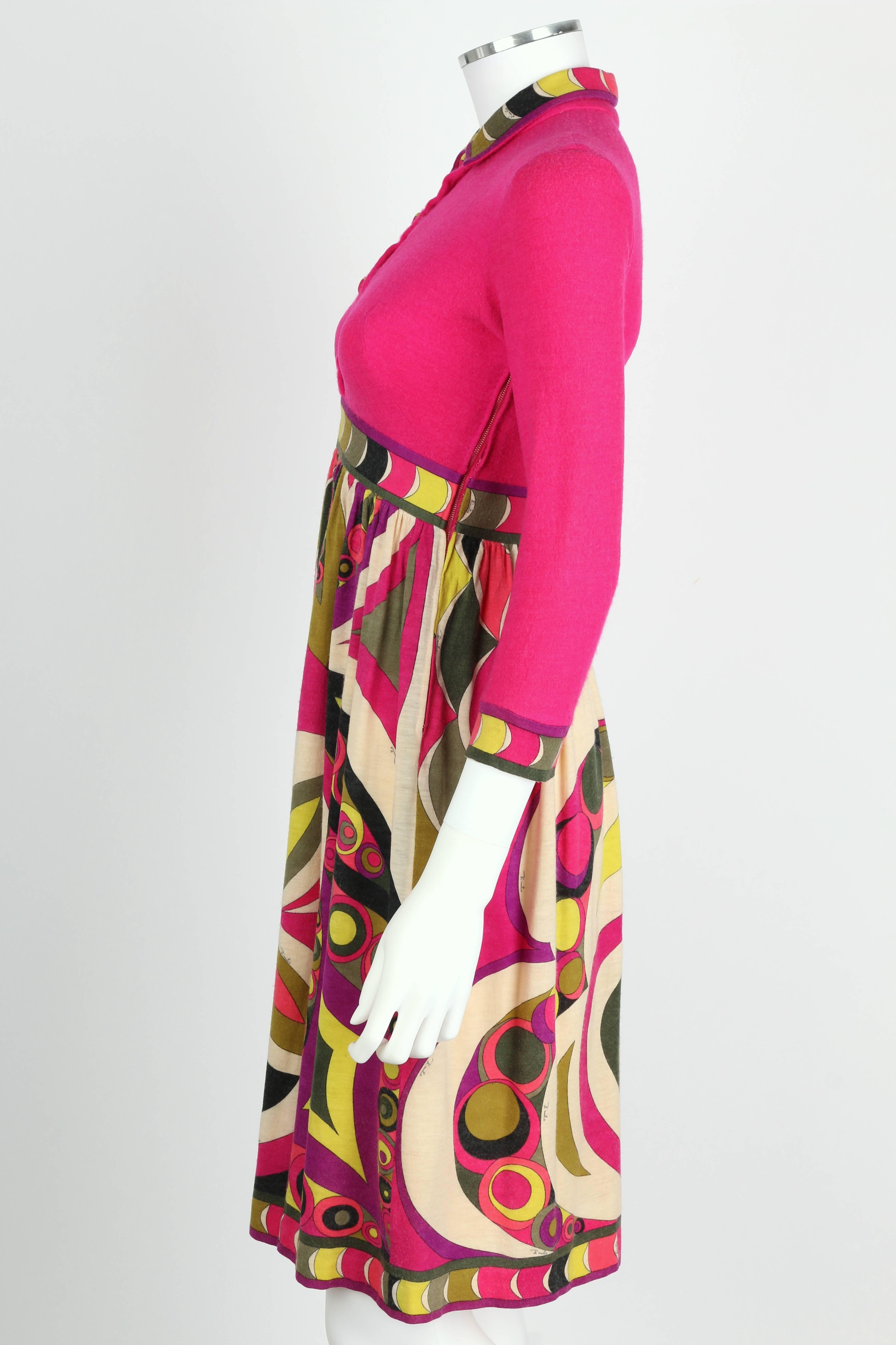Pink EMILIO PUCCI 1960's Magenta Op Art Signature Print Cashmere Empire Waist Dress
