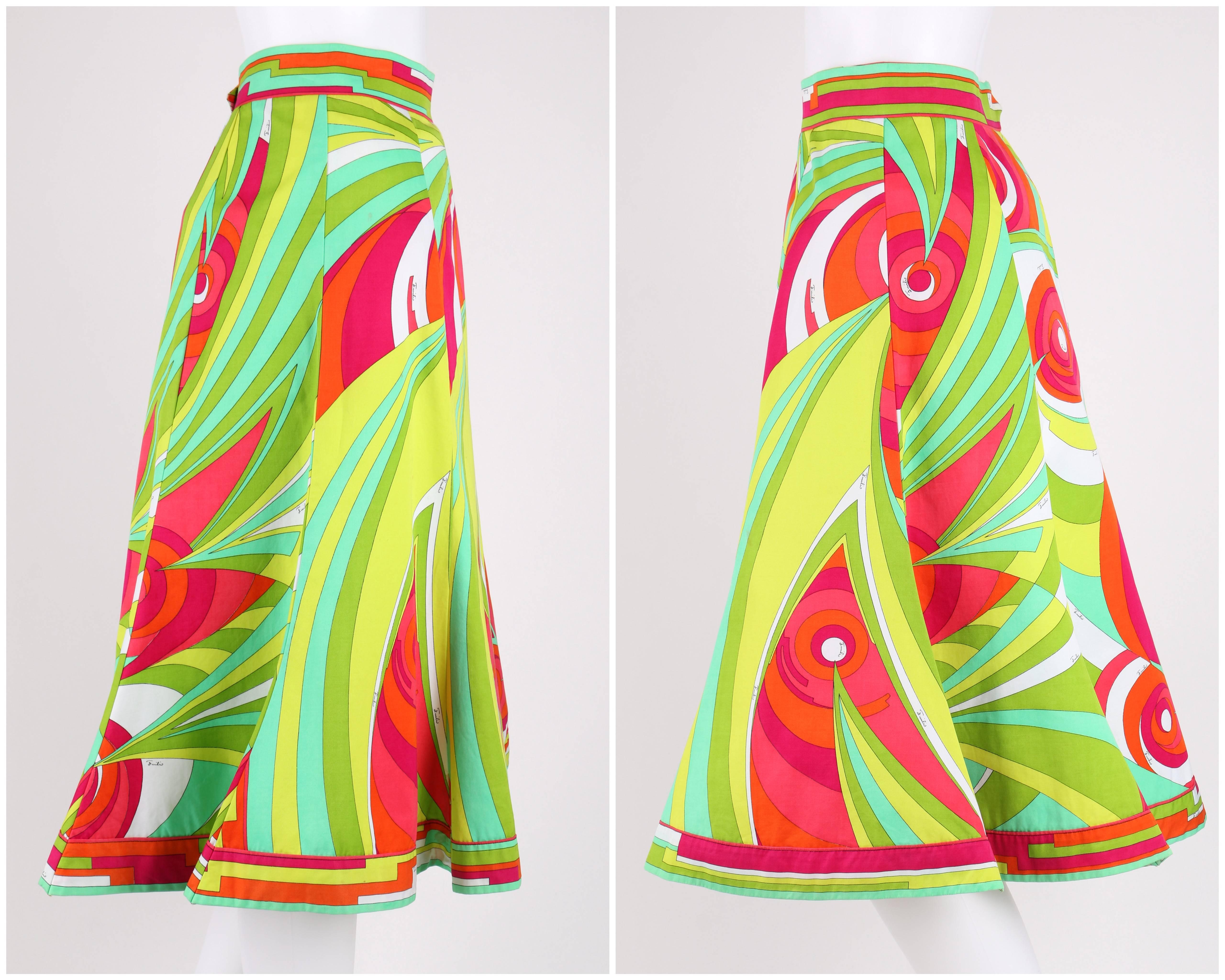 EMILIO PUCCI 1970s 3 Piece Multicolor Signature Print Halter Top Shirt Skirt Set In Good Condition For Sale In Thiensville, WI