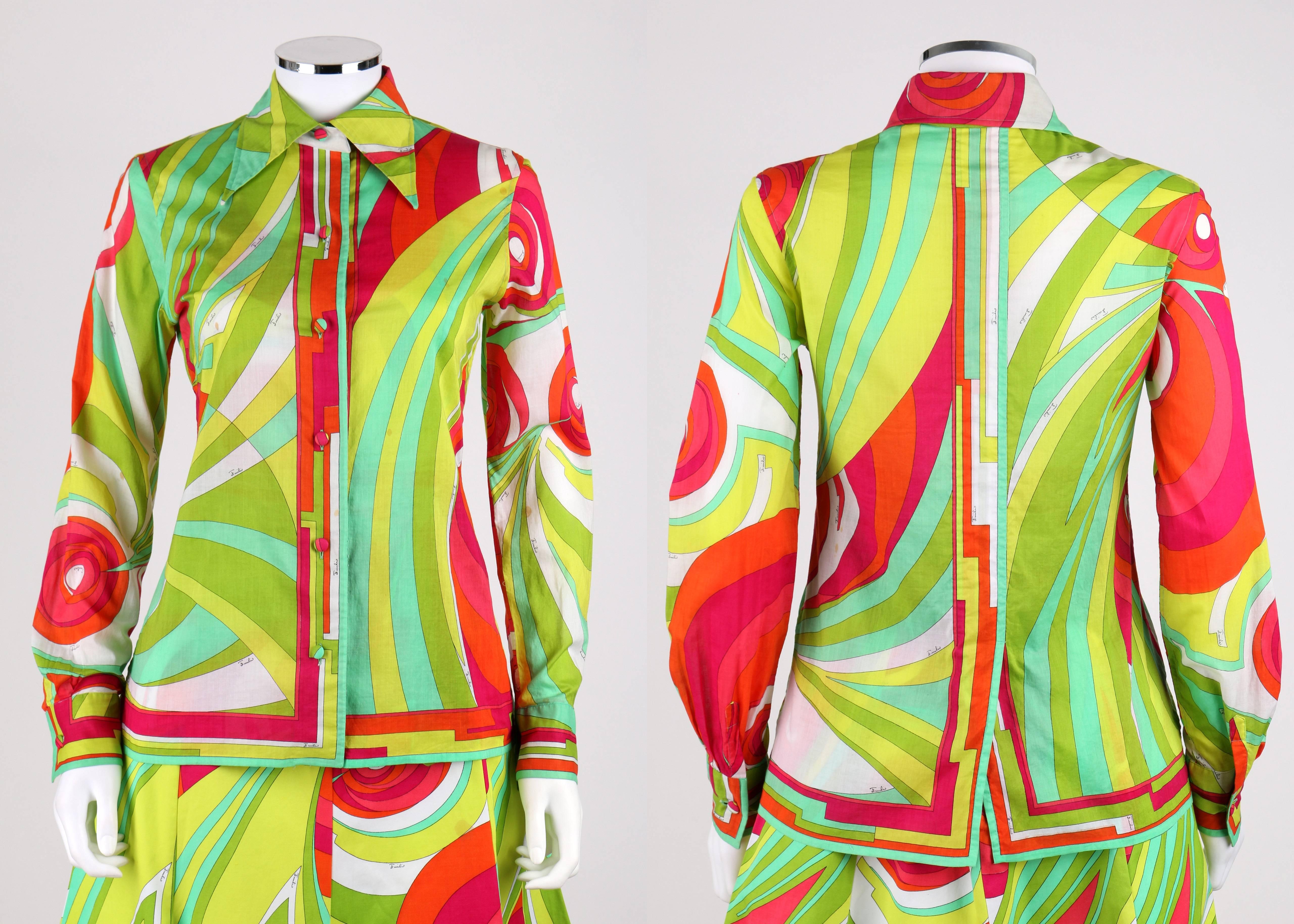 Vintage c.1970s Emilio Pucci green multi-color abstract signature print three piece cotton set. Light weight long sleeve button down shirt with button detailing at cuff. Pointed collar. Center back vent. Cotton jersey halter top buttons at back of