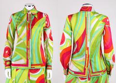 EMILIO PUCCI 1970s 3 Piece Multicolor Signature Print Halter Top Shirt Skirt Set