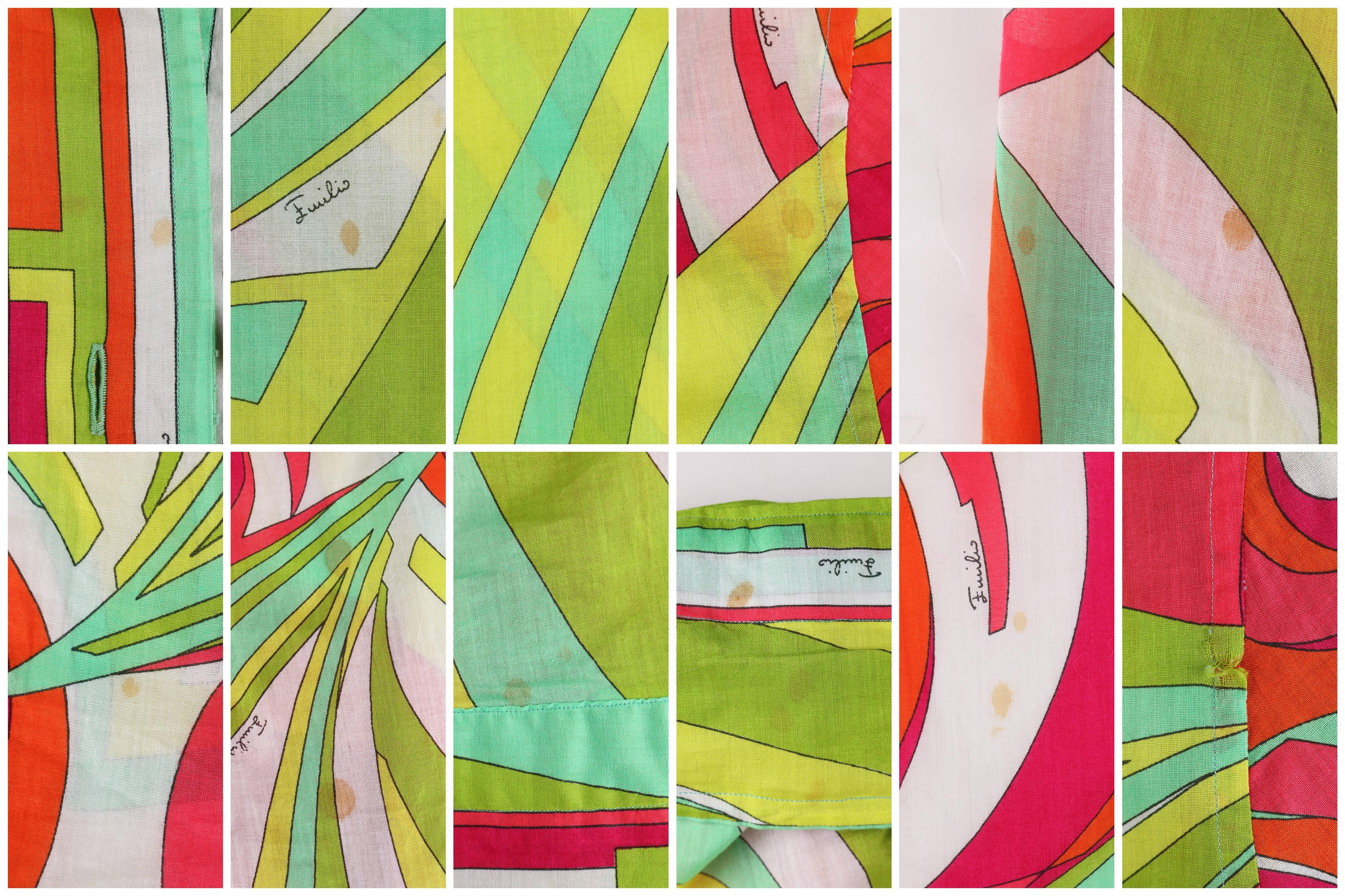 EMILIO PUCCI Ensemble 3 pièces chemise, jupe et haut dos nu à imprimé signature multicolore, années 1970 en vente 4