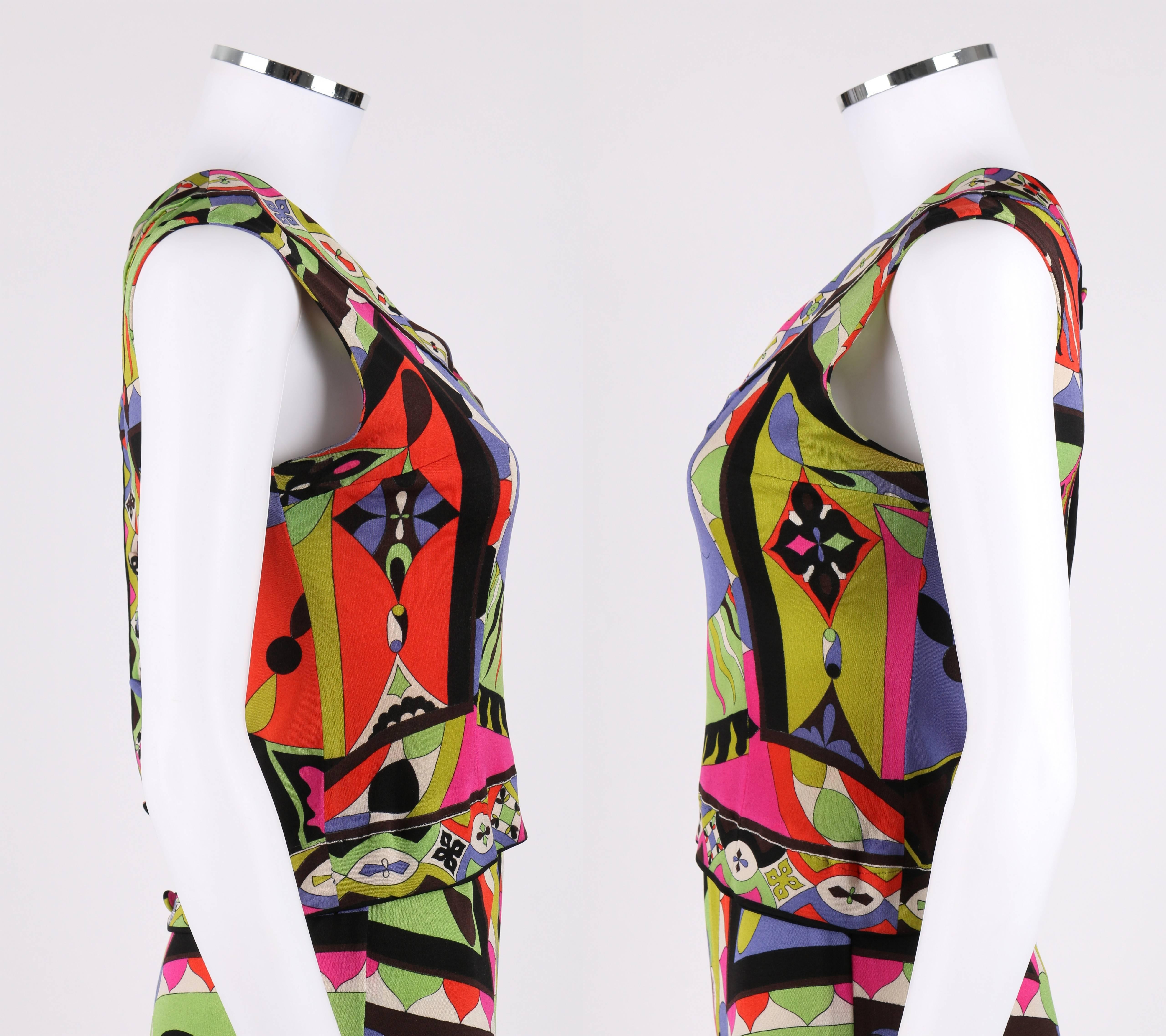 EMILIO PUCCI 1960er Jahre 2 Stück Multicolor Signatur Druck Seide V-Ausschnitt Top Rock Kleid (Braun) im Angebot