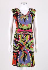 EMILIO PUCCI 1960s 2pc Multicolor Signature Print Silk V-neck Top Skirt Dress