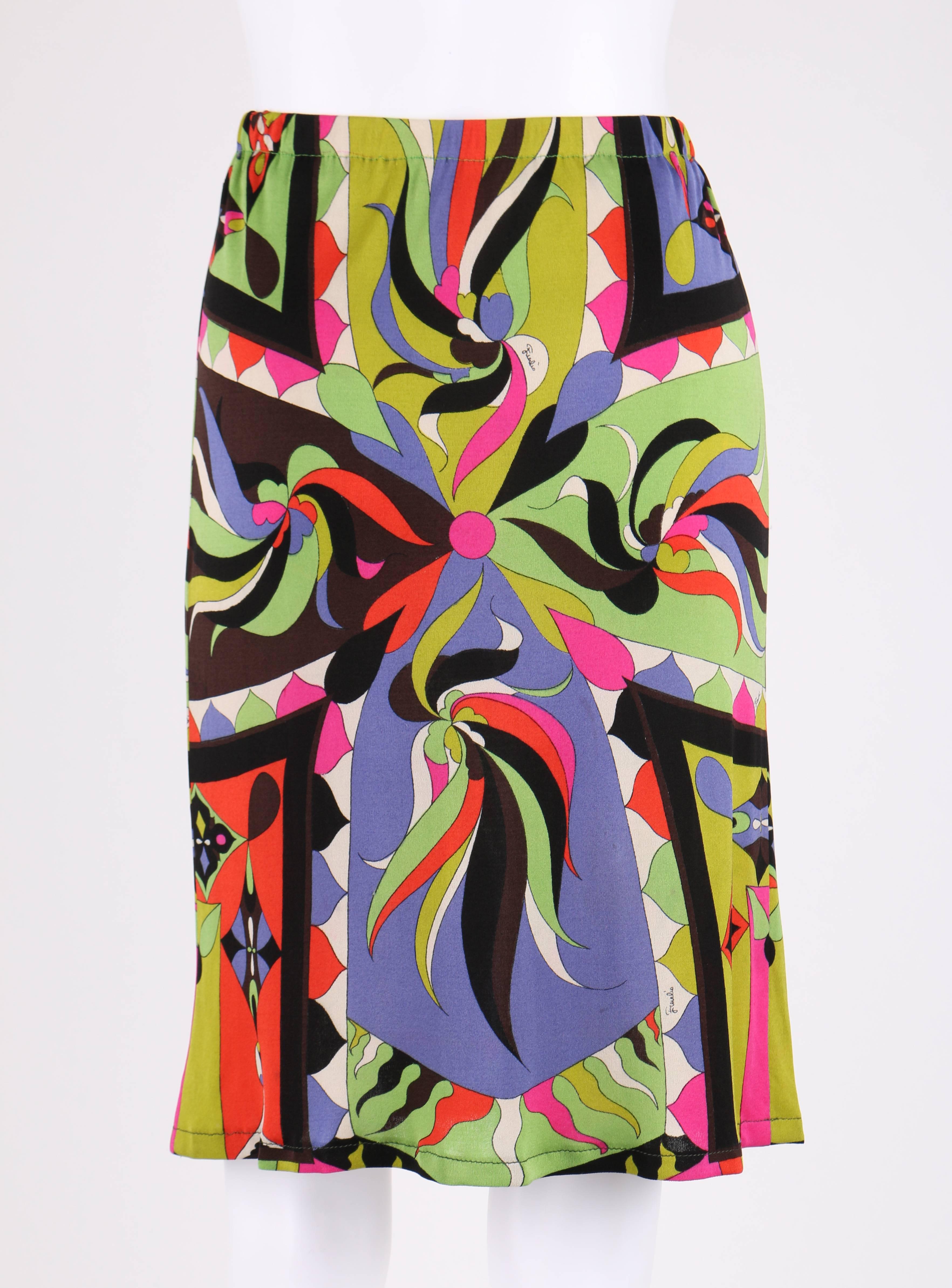 Women's EMILIO PUCCI 1960s 2pc Multicolor Signature Print Silk V-neck Top Skirt Dress For Sale