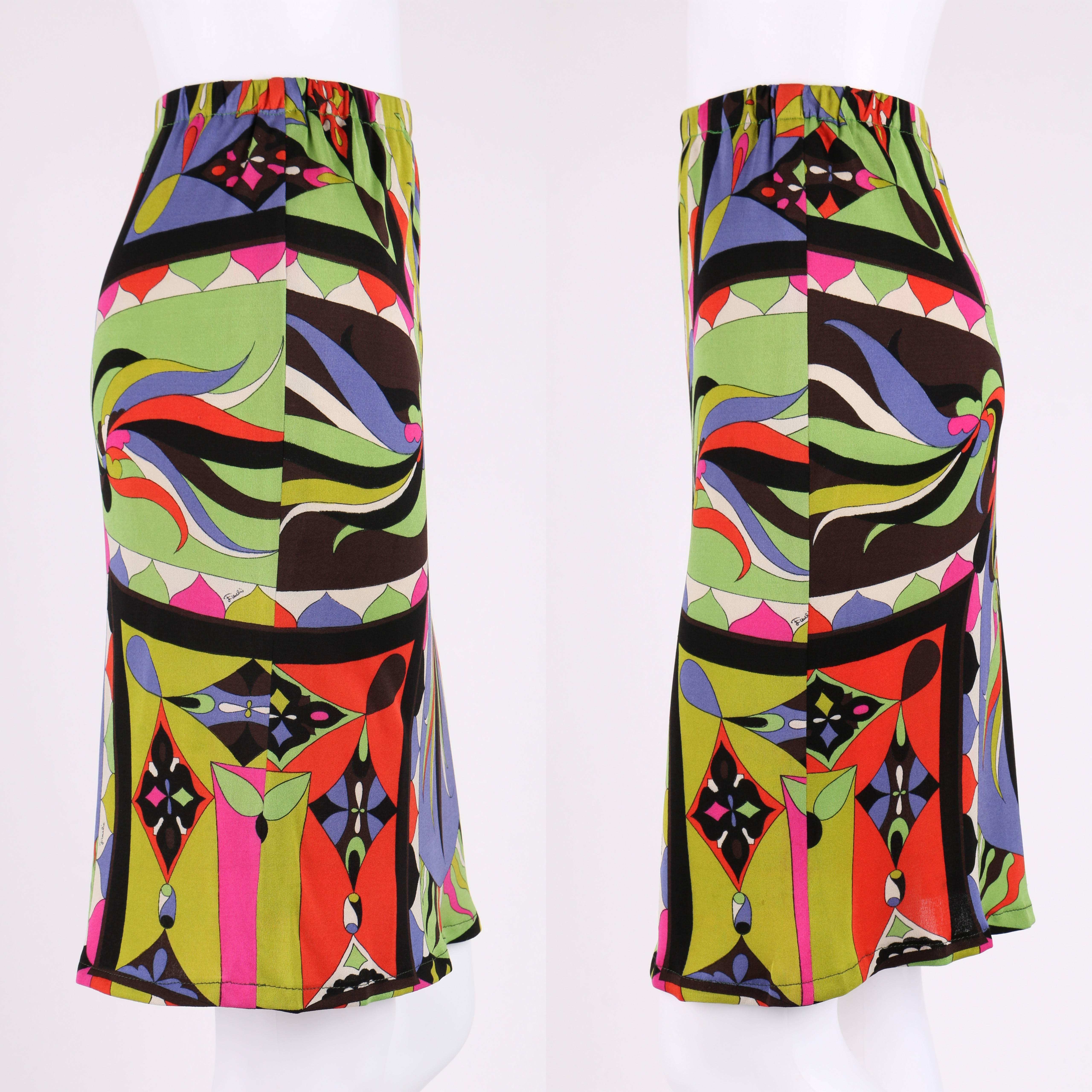 EMILIO PUCCI 1960s 2pc Multicolor Signature Print Silk V-neck Top Skirt Dress In Good Condition For Sale In Thiensville, WI