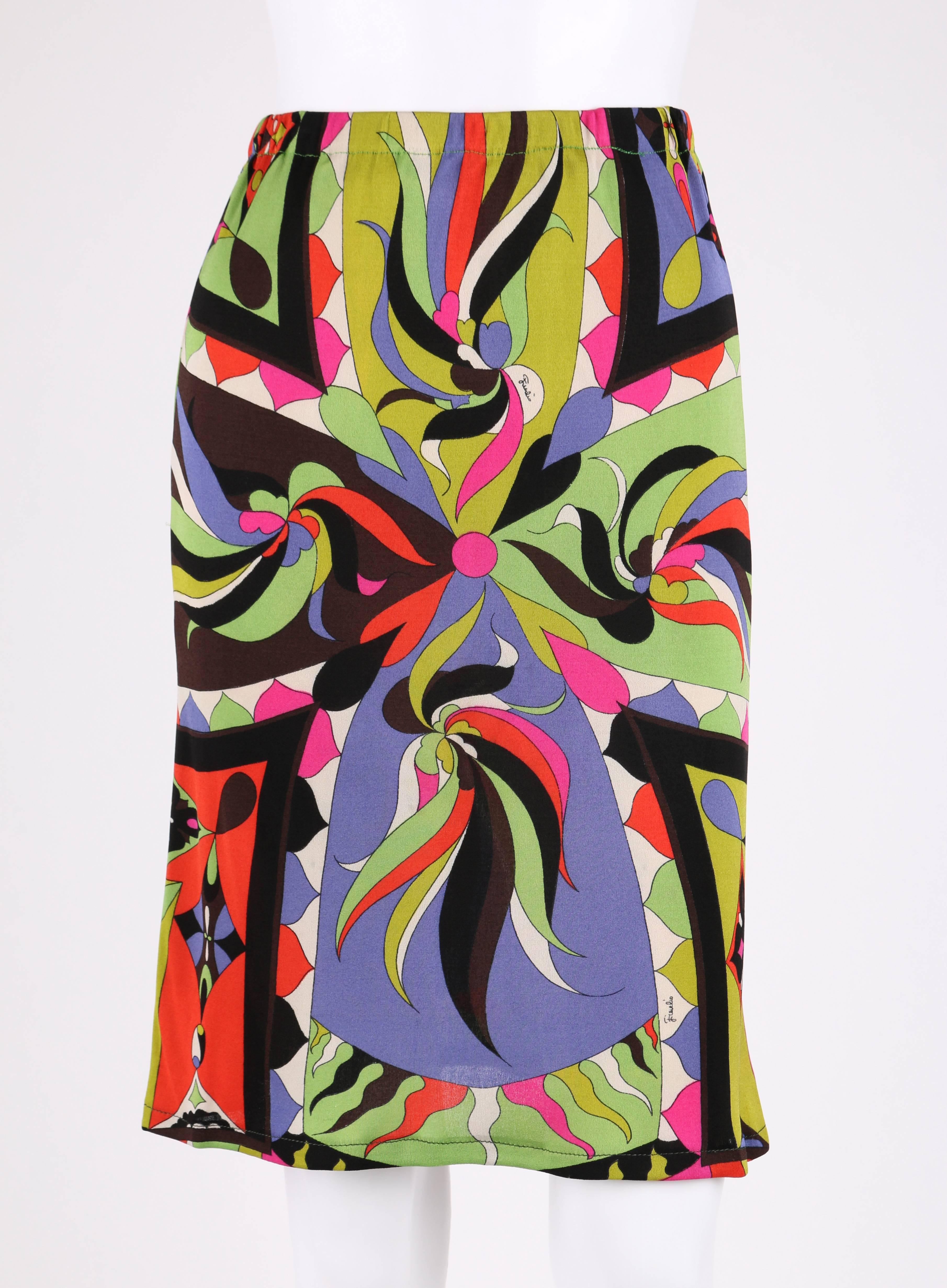 EMILIO PUCCI 1960s 2pc Multicolor Signature Print Silk V-neck Top Skirt ...