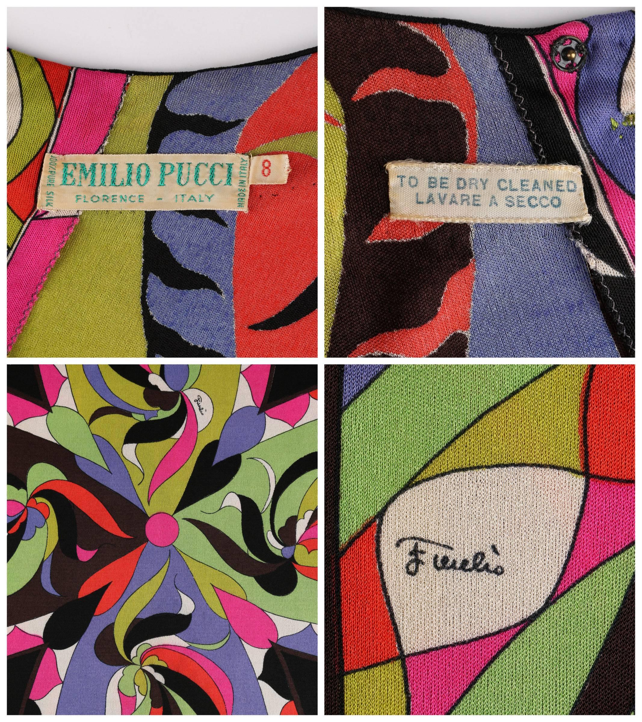 EMILIO PUCCI 1960s 2pc Multicolor Signature Print Silk V-neck Top Skirt Dress For Sale 1