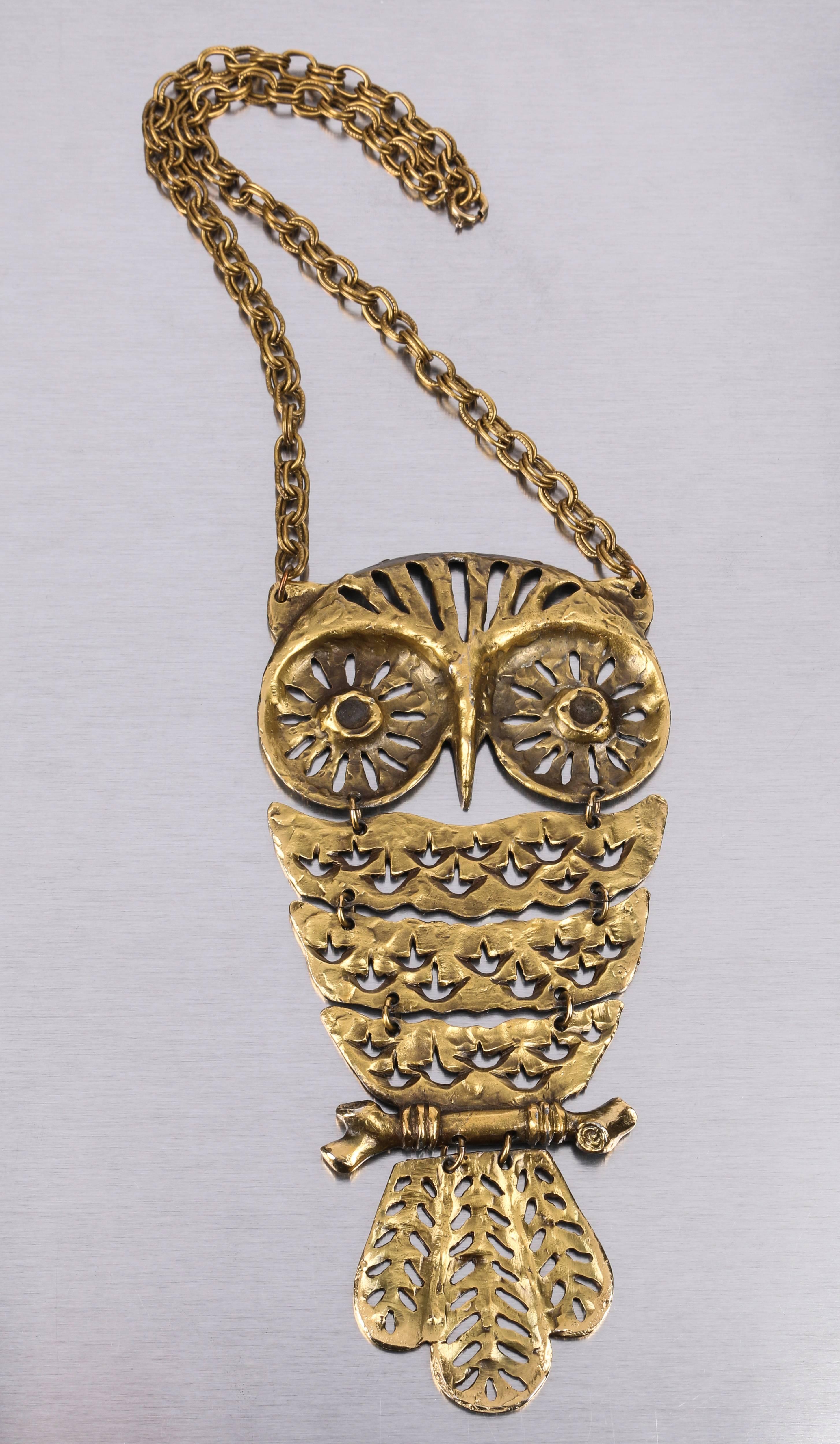 LOUIS GIUSTI c.1960's Huge Brutalist Owl Pendant Artwear Articulated Necklace 3